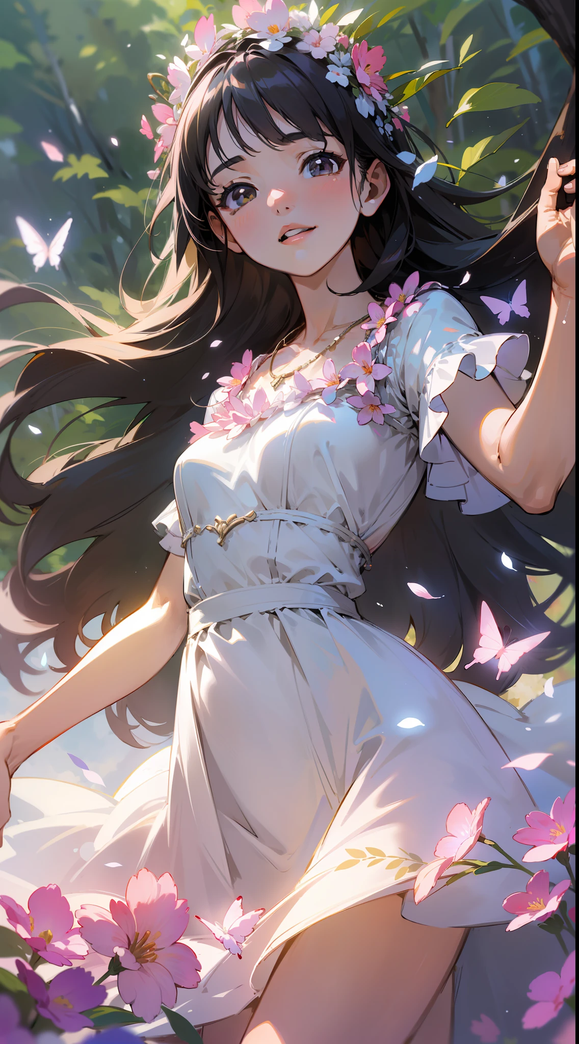 ((SFW)),Masterpiece, High Quality, ((Photoreal)), Cinematic Direction, (High Contrast), Depth of Field, (Award-winning Difference Photo), Face Detail, Detailed Drawing, There is a place in the forest where flowers bloom, Girl dancing in a snow-white summer dress in the flower field, Girl is 9 years old, Black hair very long hair, Summer sky, Summer clouds, (Summer dazzling sunlight: 1.2) , flower garden, open-arms girl, necklace, flower crown, butterfly, fluttering petals, dynamic movement, dance,