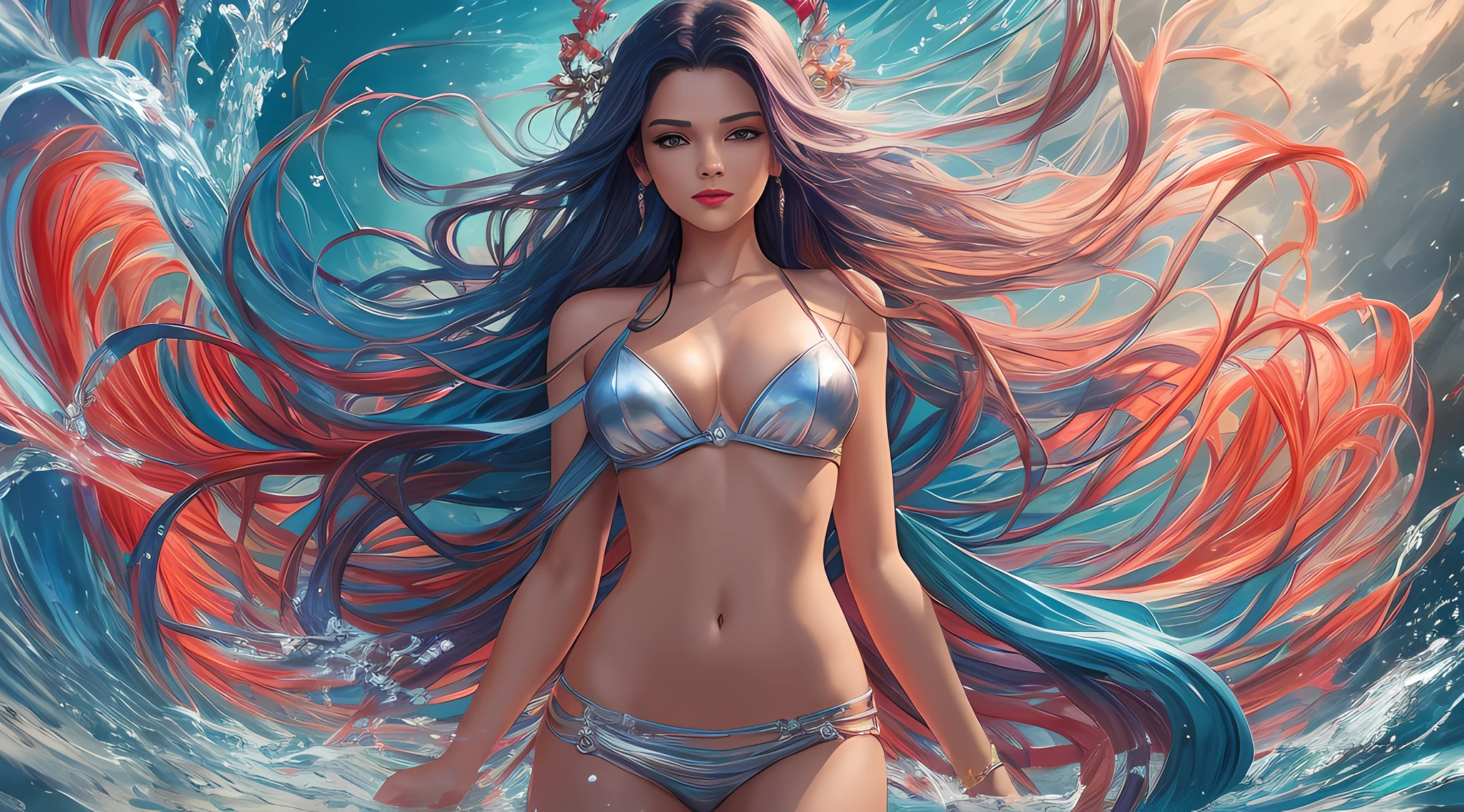 1 sexy girl, magic style, full breasts, slender legs, beautiful and moving, the best quality, a masterpiece to the next level. Emphasis on the half-body (1.3), the scene is oceanic, and the low saturation effect is present in cool tones. streaked hair, hair bell, red lips, sparkle, textured skin, best quality" --auto --s2