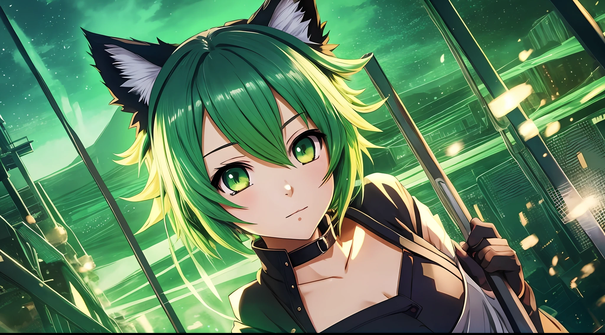 anime girl with green hair and cat ears posing for a picture, anime style. 8k, short hair, mage, fantasy, black mage, final fantasy, anime, made with anime painter studio, render of a cute anime girl, stylized anime, anime style, cute anime catgirl, anime catgirl, anime style 4 k, detailed anime soft face, anime highly detailed --auto --s2