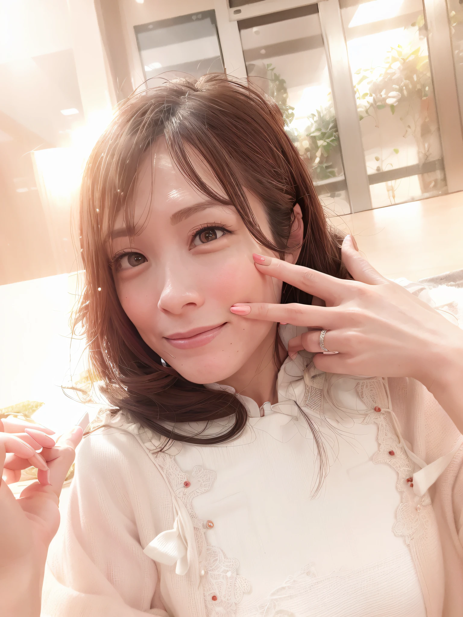 there is a woman with a pink manicure posing for a picture, chiho, 奈良美智, 3 6 years old, 38 years old, 2 9 years old, 3 2 years old, xintong chen, 2 8 years old, with index finger, 2 7 years old, 3 0 years old woman