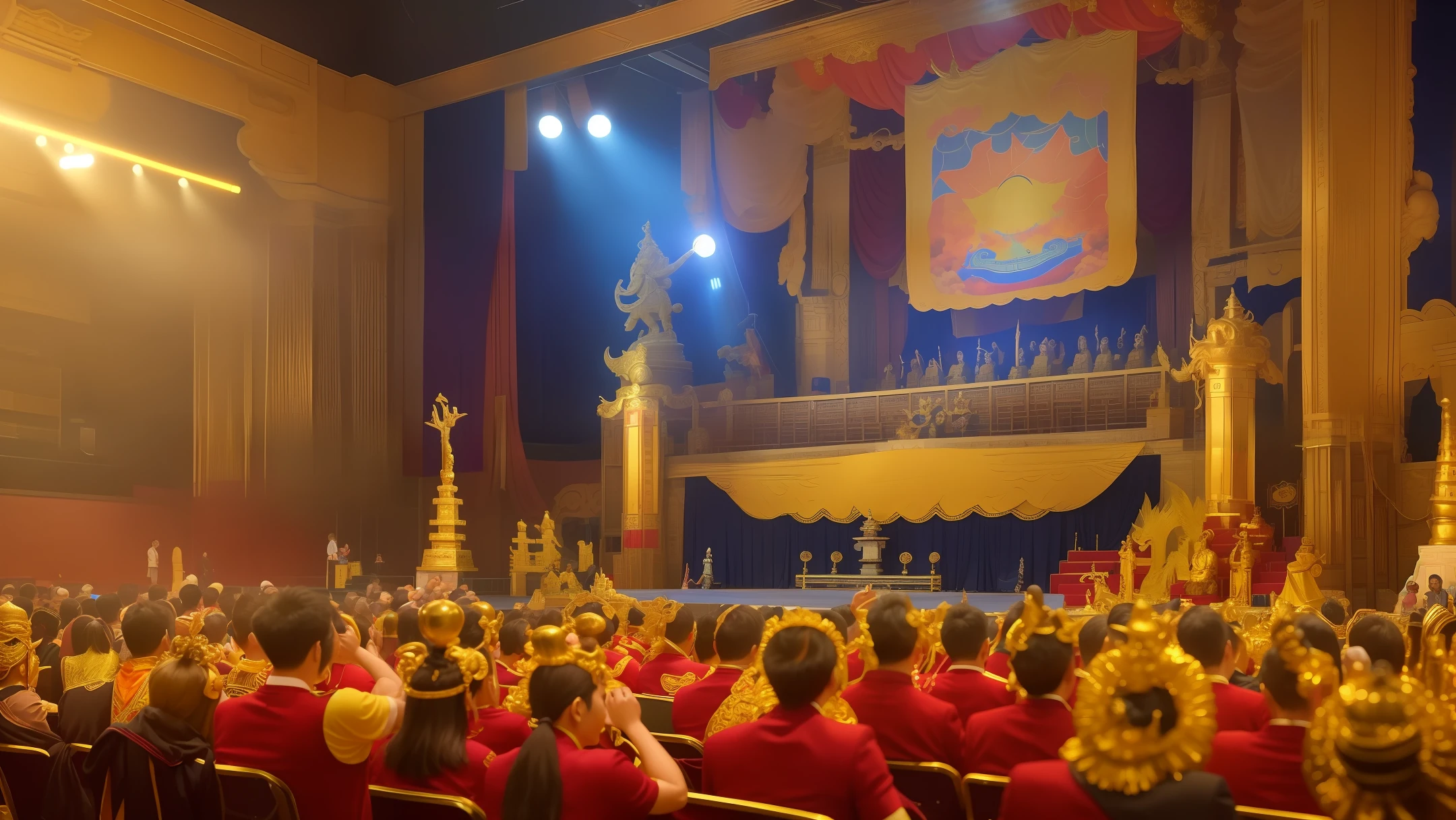 The atmosphere in the auditorium of 01 Higher College was warm, with a large number of students watching from the audience, while Tian Zhongxing stood on the podium, looking at Su Yu with a mocking face. The statue of the Monkey King was placed in front of the stage, dazzling, surrounded by golden divine light, making the entire auditorium look brilliant and sacred. There are other statues of gods around the Monkey King, including the statue of the god king Odin, which is a strong contrast with the statue of the Monkey King. The whole scene is arranged simple and full of atmosphere, making people feel the solemnity and majesty of the ancient and mysterious Eastern religion