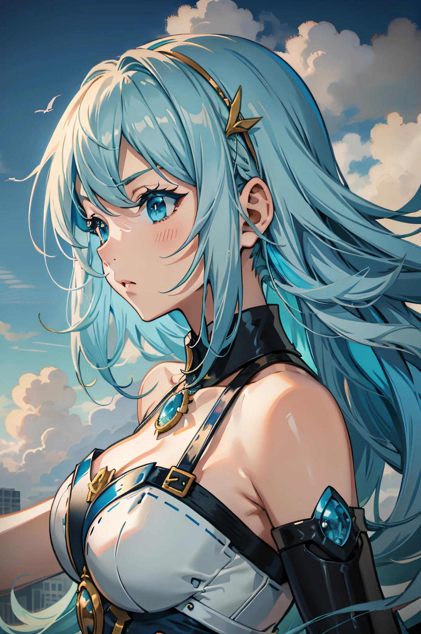 Anime girl with blue hair and blue dress holding sword, anime illustration, style art,