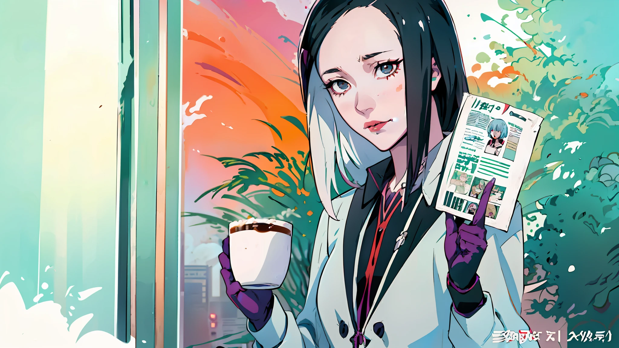 Anime image of a woman holding a cup of coffee and a newspaper, screenshot of a 2012 anime, in the anime film tokyo ghoul, in the animetokyo ghoul series, today's anime still featured, still from TV anime, kaya tokyo ghoul, kaya tokyo ghoul, still from anime, as an anime character