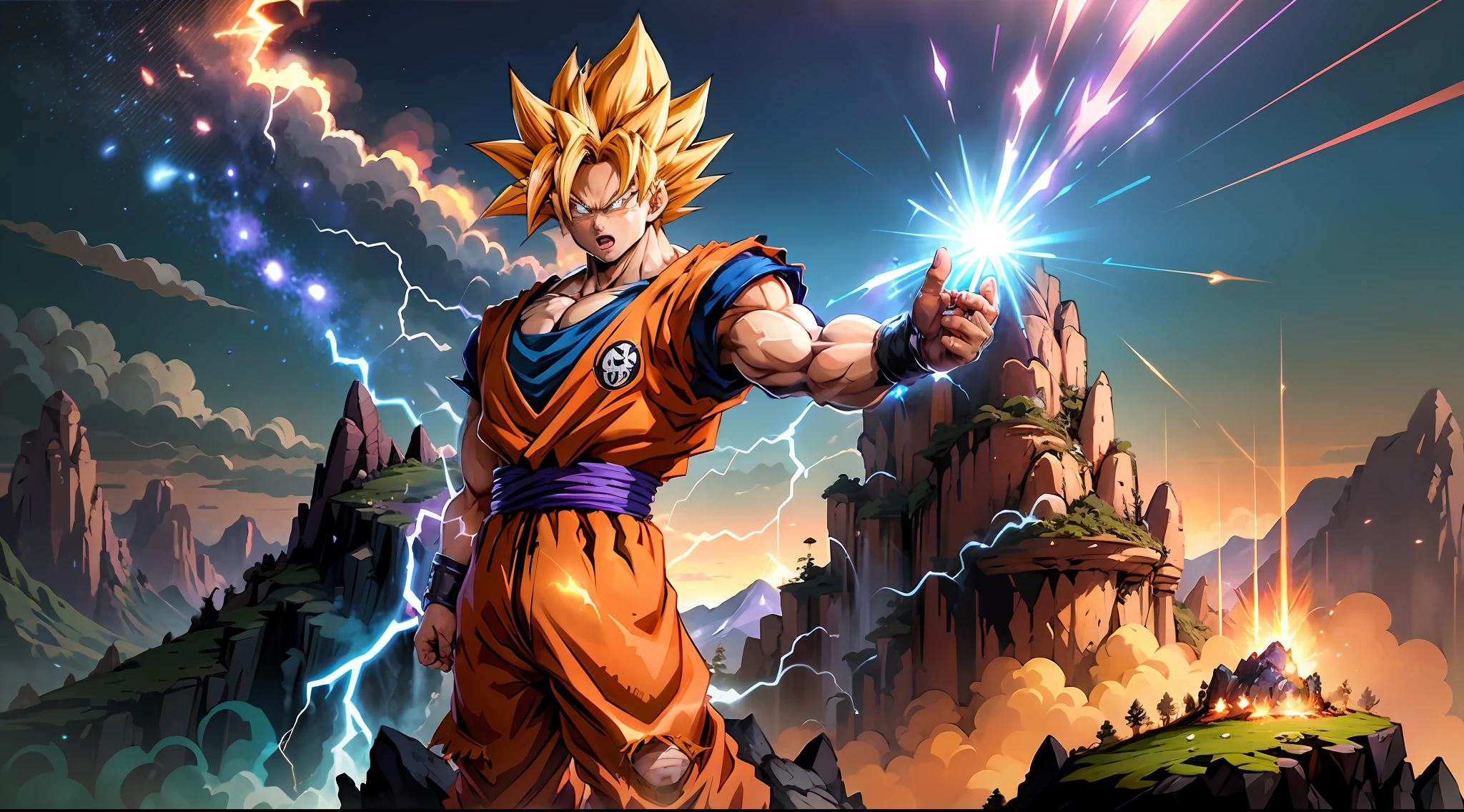 Super Saiyan Goku unleashes a massive energy wave while standing on top of a mountain, the surroundings are filled with lush greenery, and the sky is a mix of orange and purple hues. The energy wave is bright blue with electric sparks around it. (anime:1.2), (dramatic lighting:1.1), (vibrant colors:1.3), (cell-shaded:1.1), (dynamic composition:1.2)