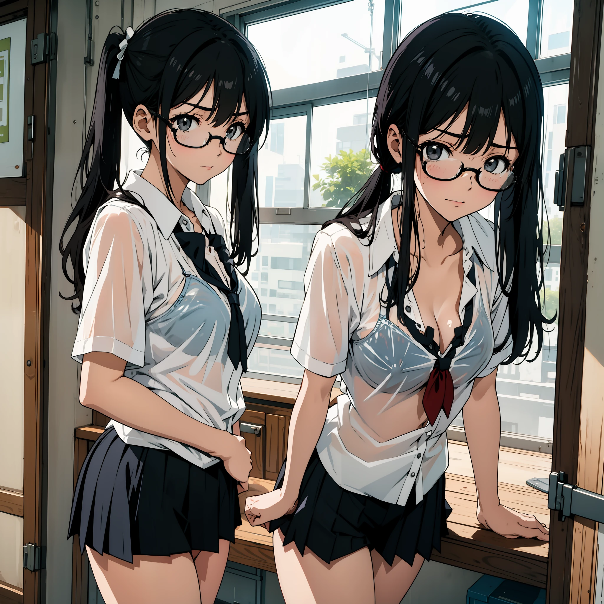 Naughty pose, big breasts, school uniform, wet and see-through, underwear, cute bra, hands on the crotch, clear liquid leaking from the crotch, cute underwear, long bangs, glaring girl, , big breasts, black hair pigtails, patsun, black hair, brooding, glasses, chubby,, red cheeks,