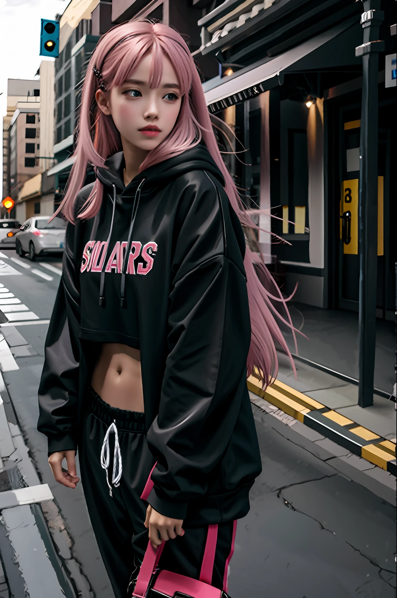 Realistic, realistic details, details
Break. Black hoodie. Long pants. Neon Street.
1 girl, beauty, seductive face,, fine skin, pink hair, long hair, navel, hair clip, hair ornament, thigh height,, full body, 
break
, simple background
break
Perspective, blurry background, third rule, sharp focus, depth of field
break
(Urzan-6500-V1.1:0.2)