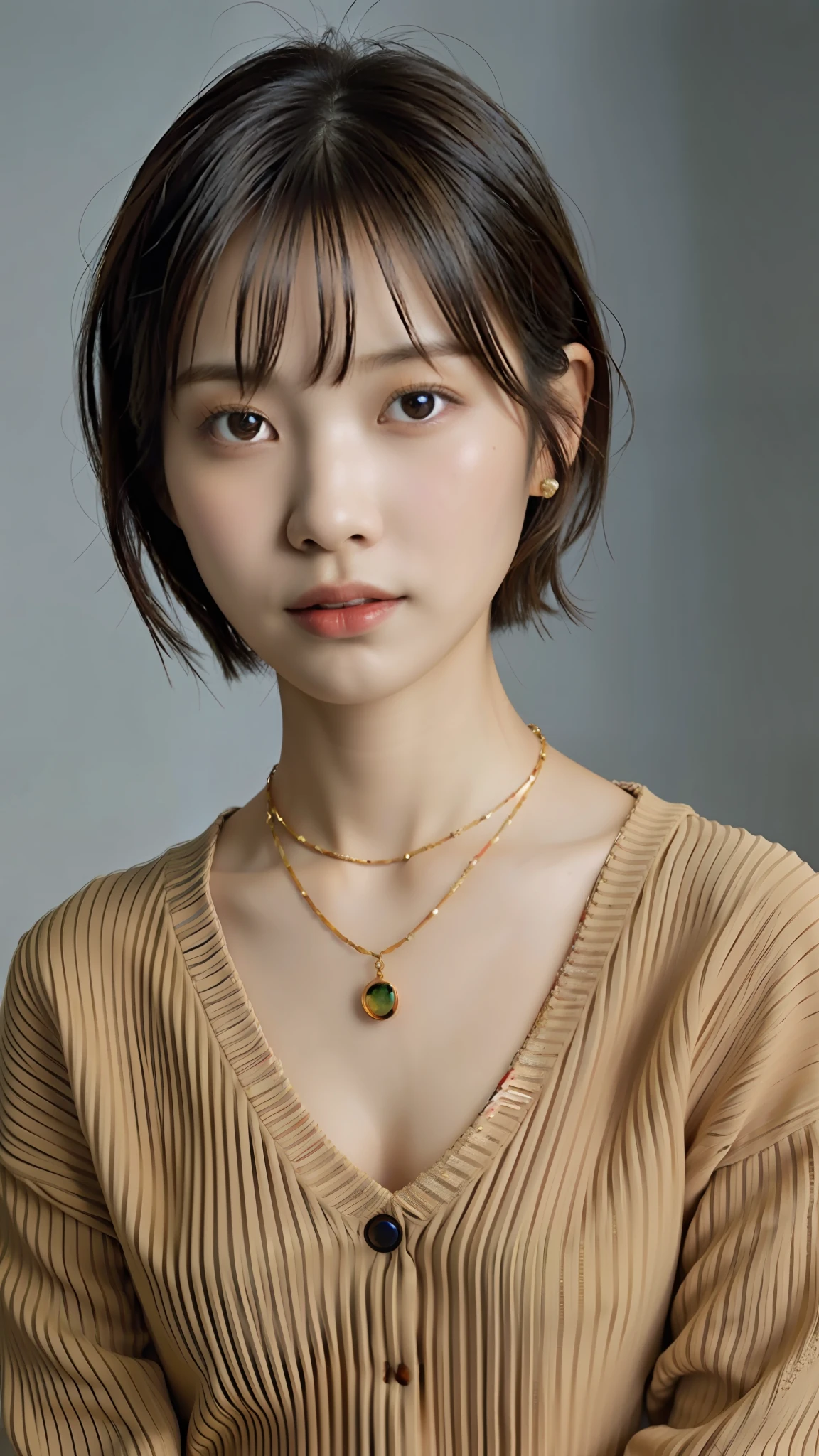One woman, Ala Fed asian woman wearing necklace and sweater posing for photo, Kiko Mizuhara, Chiho, short hair, Yoshitomo Nara, Close-up studio photo, Chiho Imo, Ayaka, Shikamimi, Nozomi Takemura, Japan model, Ayami Kojima