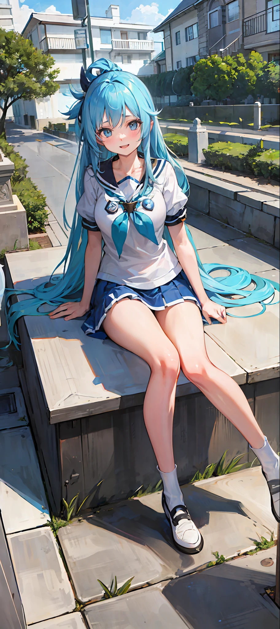 8k, ((masterpiece, ultra-detailed, intricate details, medium quality, illustration)),1girl, aqua_konosuba,solo, highres, looking at viewer, blue hair, long hair, blue eyes, waves rolling, smiling, wearing t-shirt, wearing long white socks, wearing short skirt, street, cherry tree, falling petals, playing the piano, sunlight shining through, solar system, feminine, empowered, beautiful, detailed, wide shot,