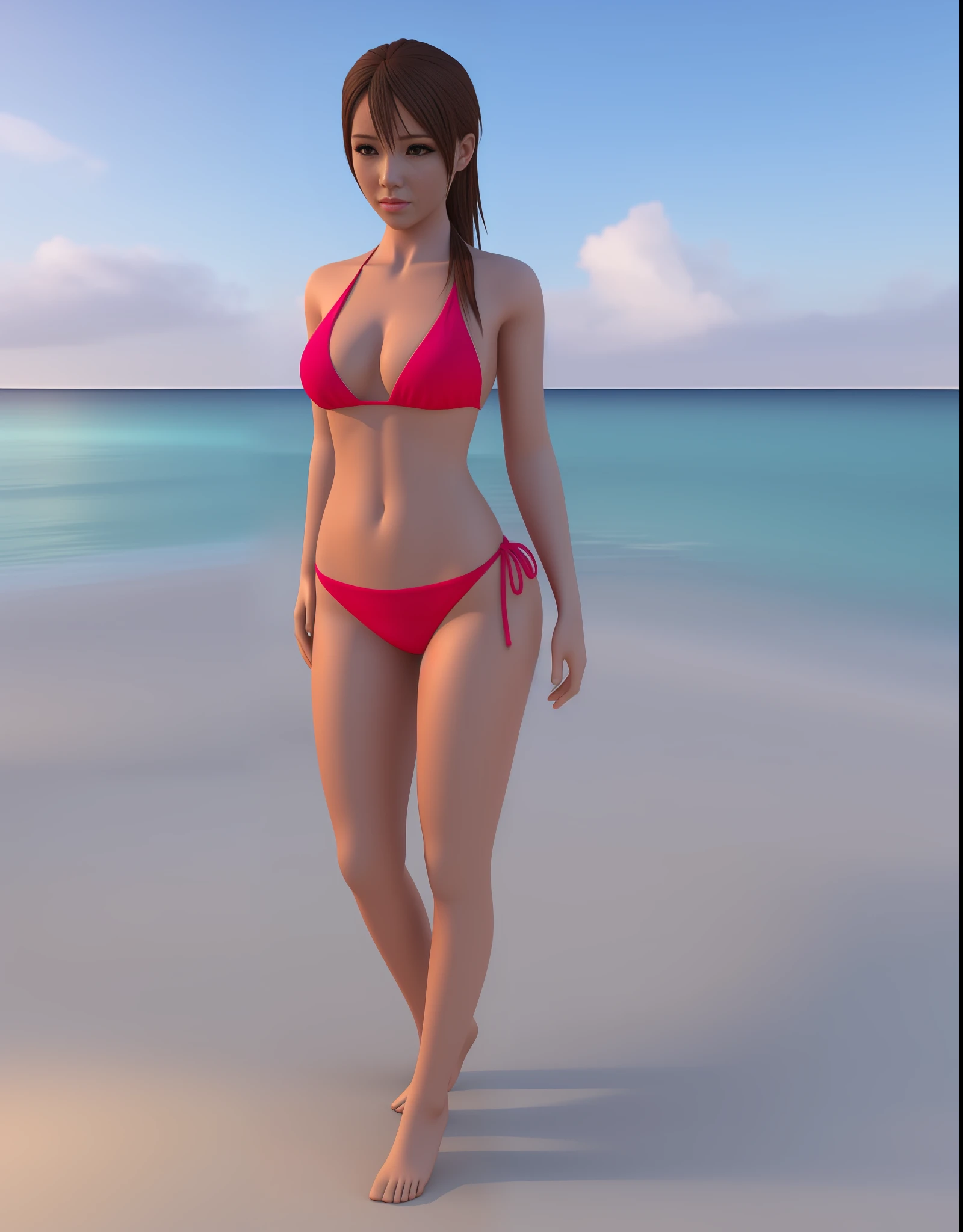 There is a woman in bikini standing on the beach, realistic bikini, photorealistic perfect body, smooth anime CG art, realistic shaded perfect body, [4K digital art]!!, standing on the beach, 3d anime realistic and photorealistic anime girl rendering, posing on the beach, realistic anime 3d style