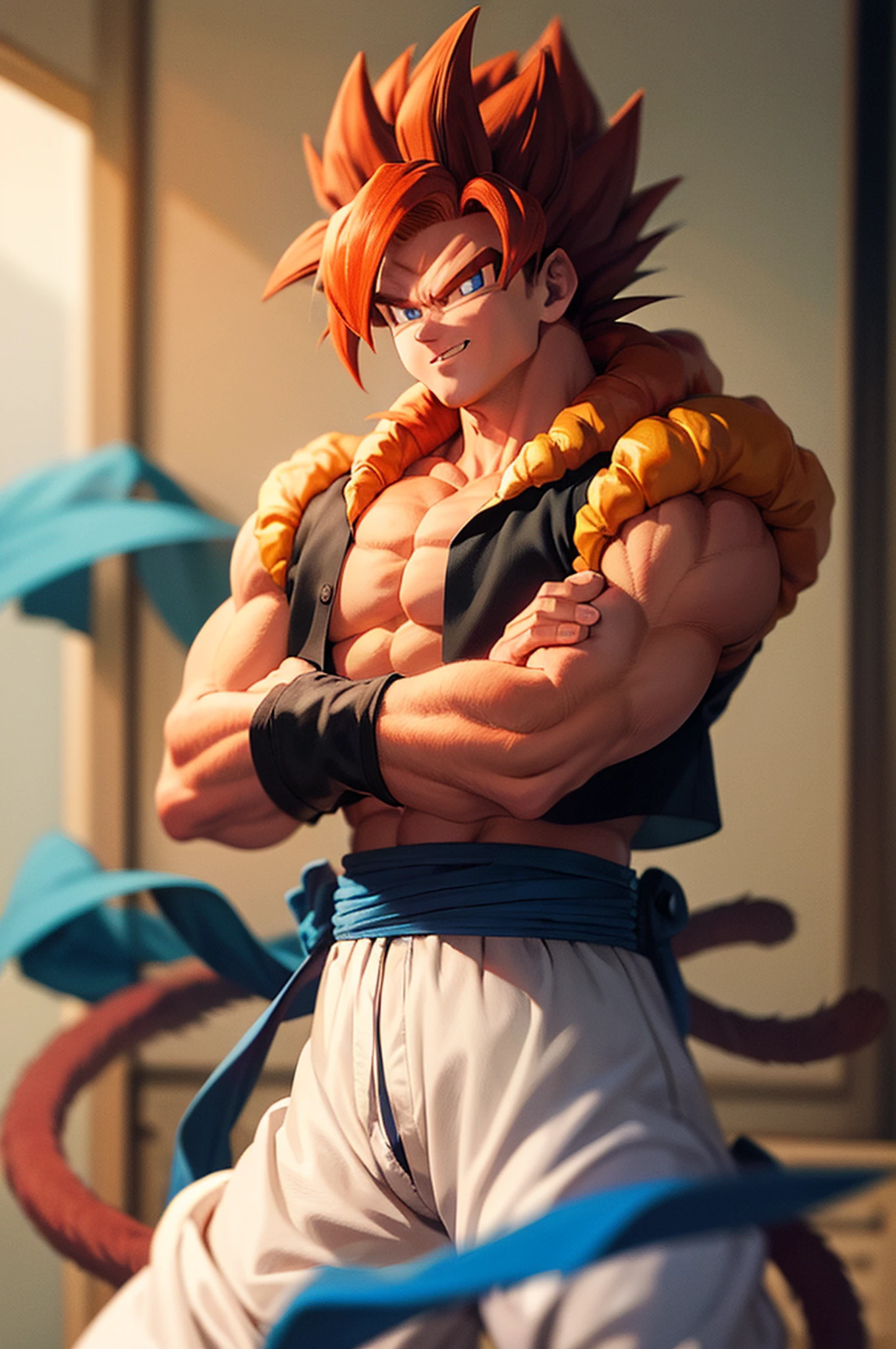 (masterpiece, best quality:1.2), cowboy shot, solo, male focus, 1boy, gogeta, muscular male, smirk, looking at viewer, crossed arms, red hair, blue eyes, vest, blue sash, white pants, wristband, tail, pectorals