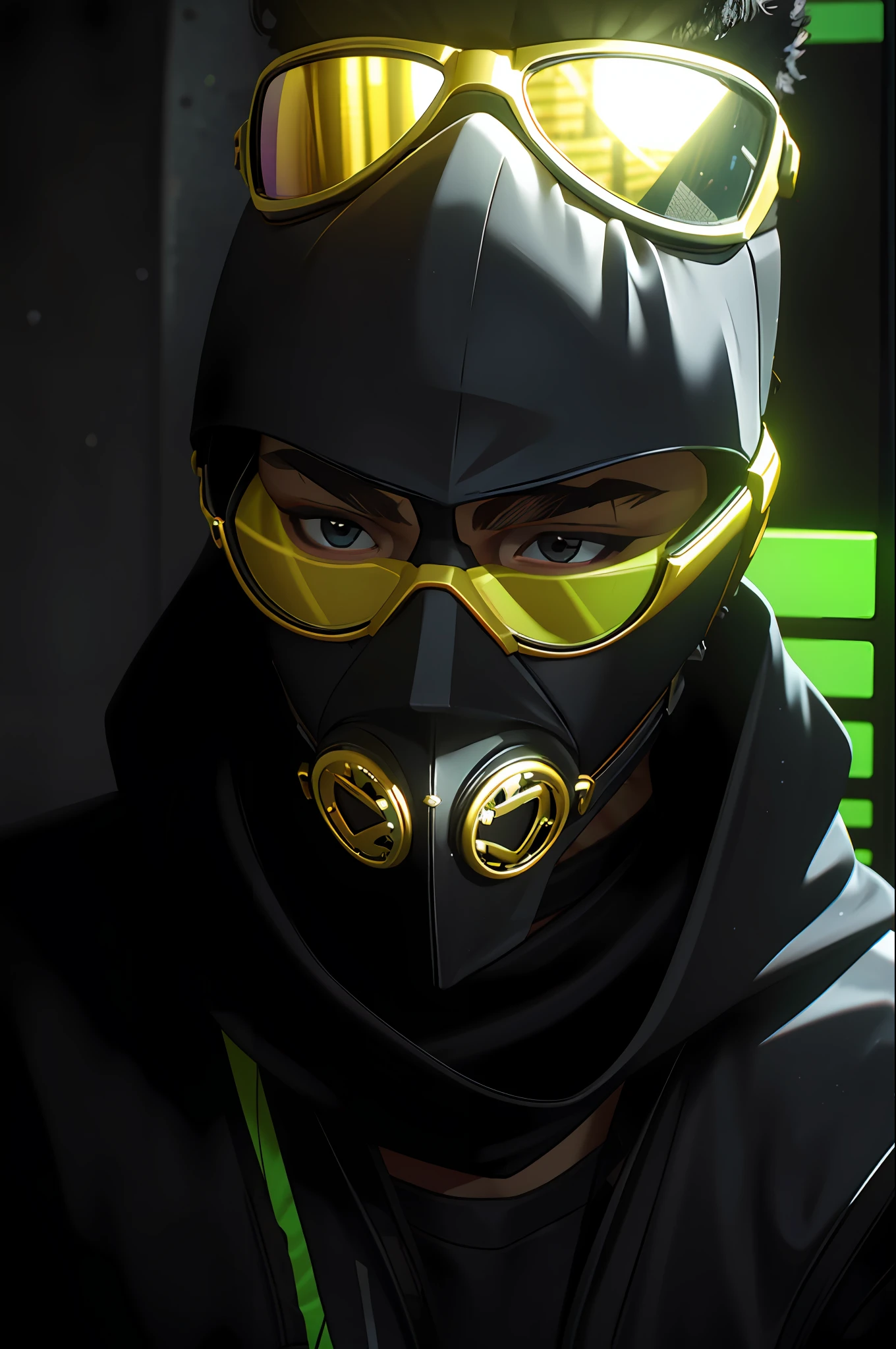 Cyclists, wearing masks and sunglasses, wearing an all-black door wave mask, dark visors covering the top of their faces, balaclavas covering their faces, dark visors covering their faces, neon sun visors, shiny black goggles, bandit masks, OLED visors on their eyes, ski masks, face shields