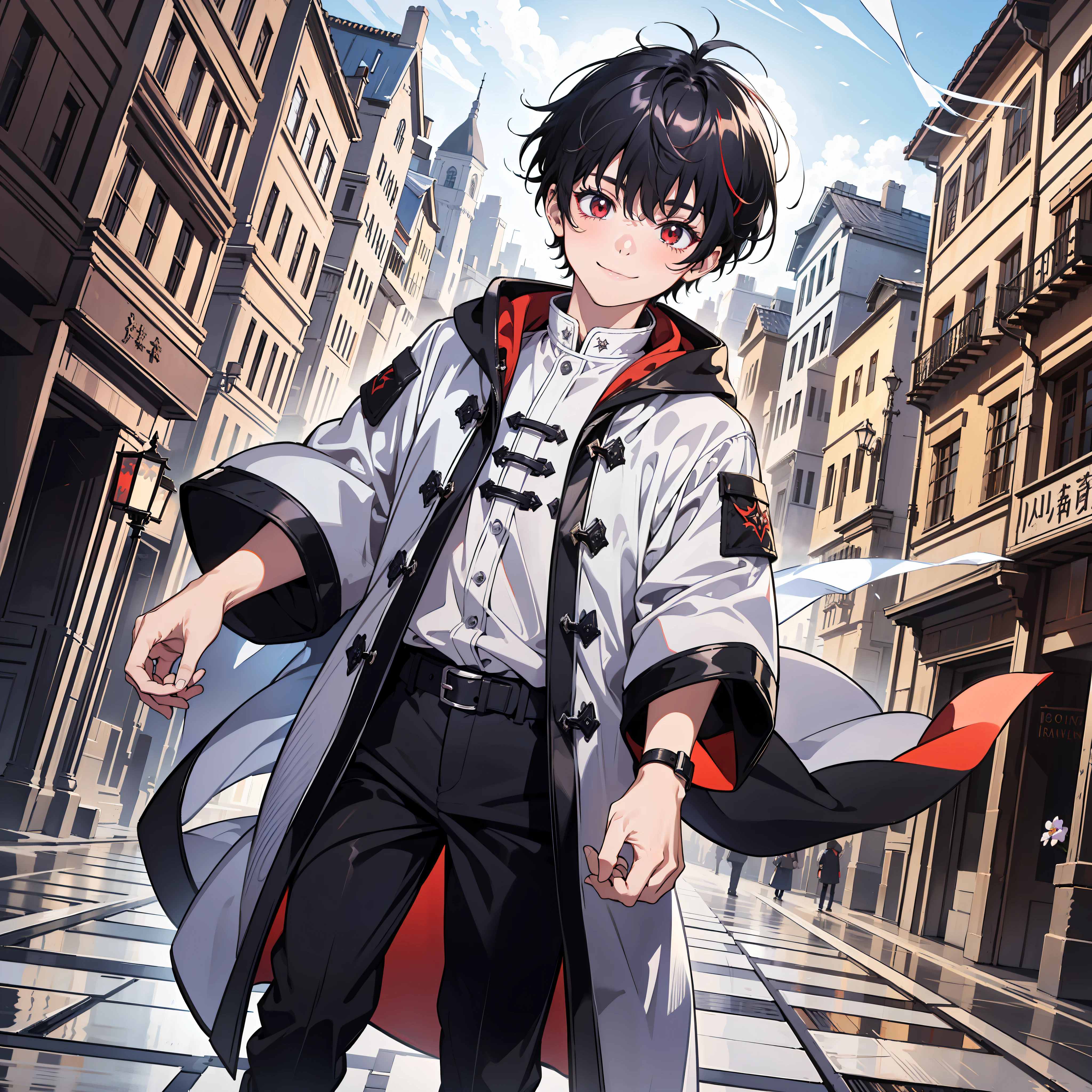 (ridiculous, high resolution), (panorama), little boy, red eyes, short hair, black hair, smile, white clothes, black coat (white magic streamer for hands), western-style town, square, magic bloom, (blue magic array under feet), crowd, daytime,