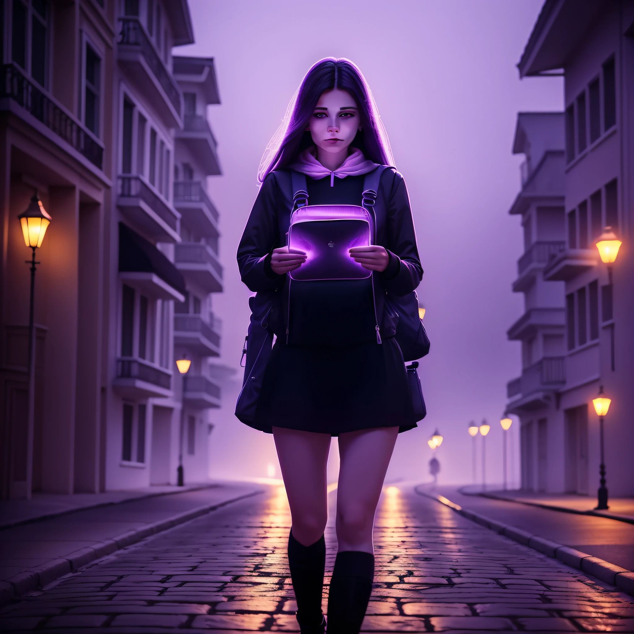 woman walking down a road at night towards a city, with fog and shadows, with a backpack, wavy and long black hair, high quality, ultra-detailed, 8k, masterpiece, (volumetric lighting), black magic, fantasy, lilac colors, purple, shadows and vivids around the woman, magic in her hands, magic wand, AND LIVING SHADOWS --auto --s2
