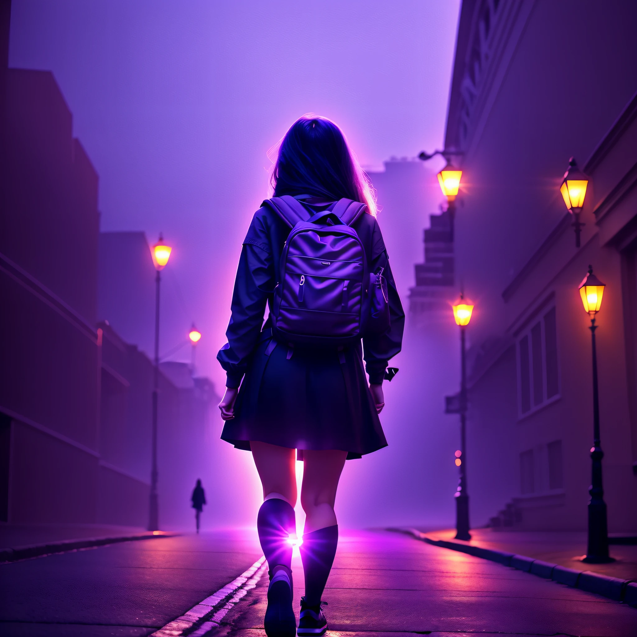 woman walking down a road at night towards a city, with fog and shadows, with a backpack, wavy and long black hair, high quality, ultra-detailed, 8k, masterpiece, (volumetric lighting), black magic, fantasy, lilac colors, purple, shadows and vivids around the woman, magic in her hands, magic wand, AND LIVING SHADOWS --auto --s2
