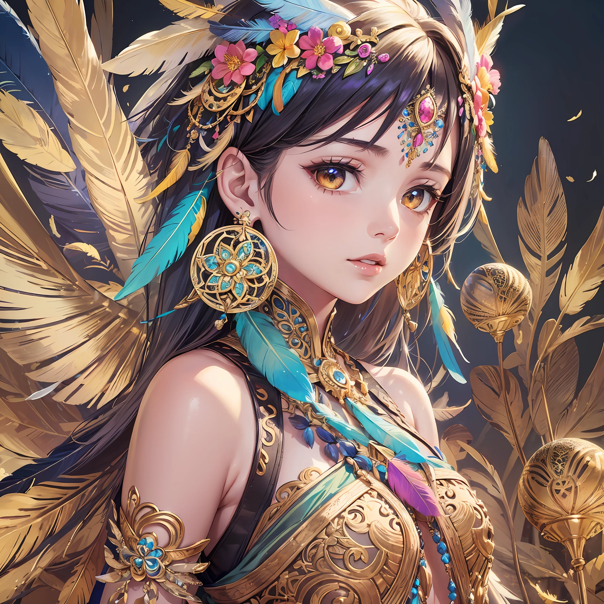 Small breasts, bare shoulders, indigo hair, colored feathers, metal ornaments, colored flowers, particles, rays, (masterpiece, highest quality, official art, beautiful and aesthetic: 1.2), (1 girl: 1.3), highly detailed, (fractal art: 1.1), (colorful: 1.1) (flowers: 1.3), best detail, (Zentangle: 1.2), (dynamic poses), (abstract backgrounds: 1.3), ( shiny skin), (many colors: 1.4), (earrings: 1.4), (feathers: 1.4) --auto --s2