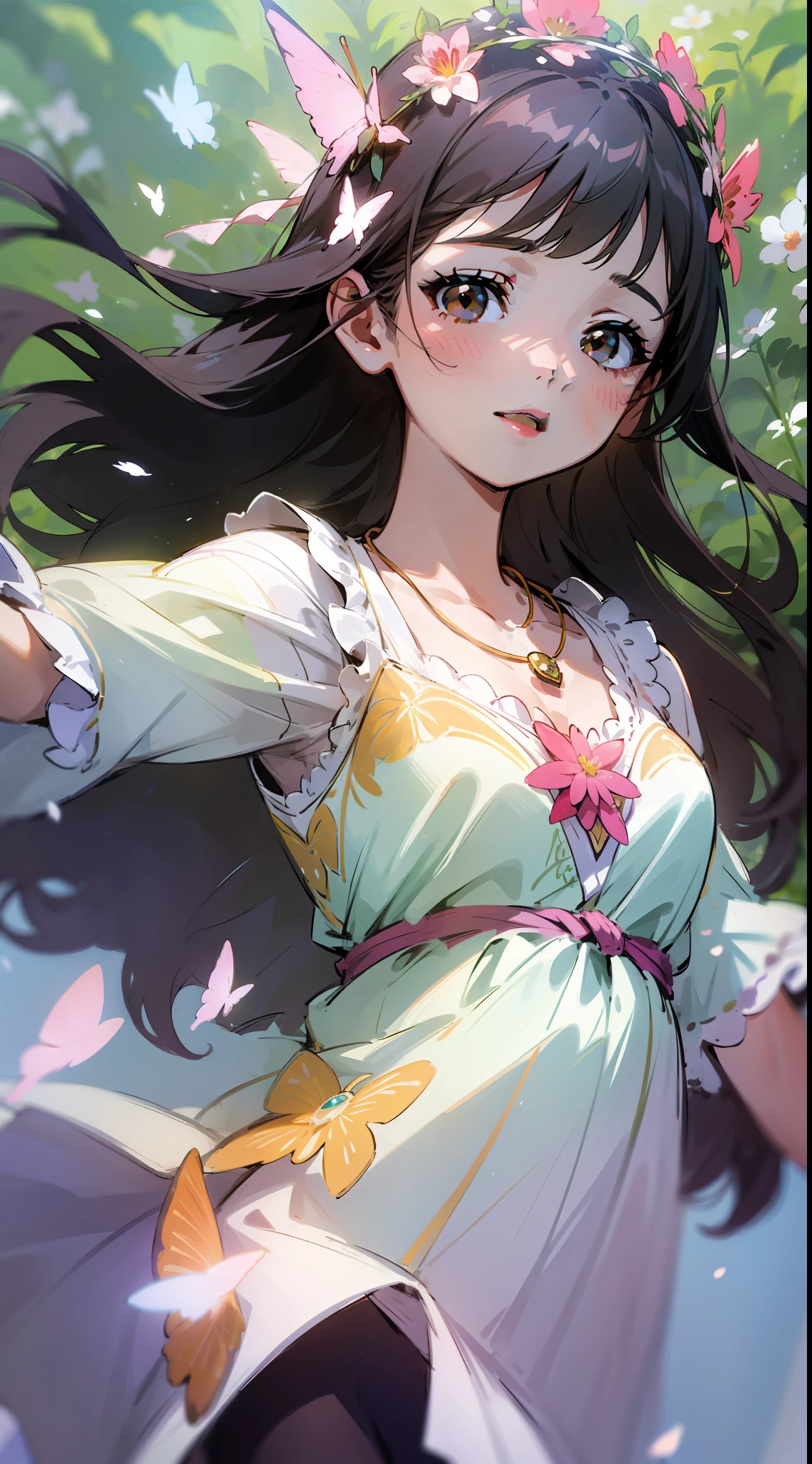 ((SFW)),Masterpiece, High Quality, ((Photoreal)), Cinematic Direction, (High Contrast), Depth of Field, (Award-winning Difference Photo), Face Detail, Detailed Drawing, There is a place in the forest where flowers bloom, Girl dancing in a snow-white summer dress in the flower field, Girl is , Black hair very long hair, Summer sky, Summer clouds, (Summer dazzling sunlight: 1.2) , flower garden, open-arms girl, necklace, flower crown, butterfly, fluttering petals, dynamic movement, dance,