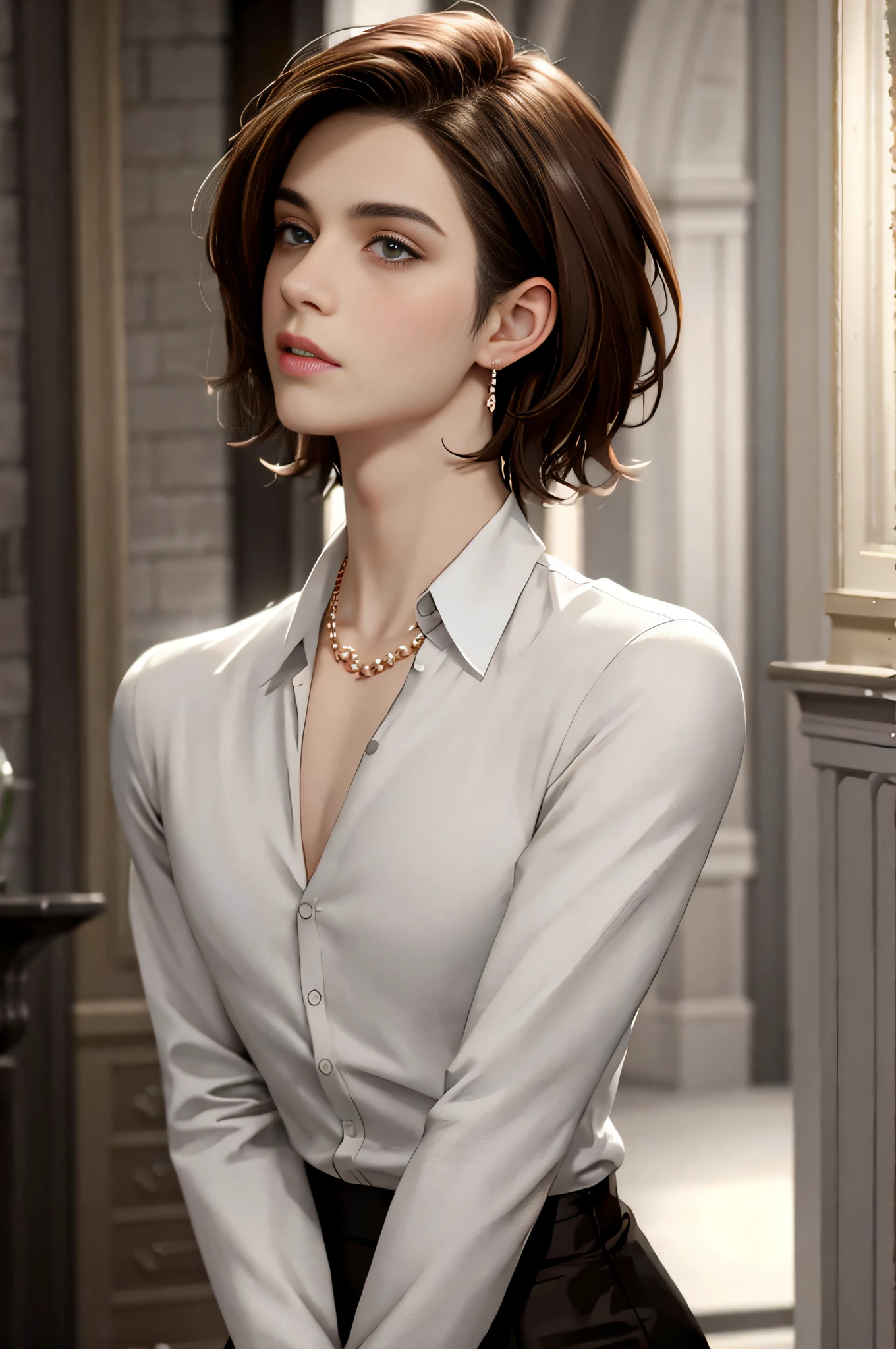 (Best Quality, Masterpiece), 1boy, Realistic, Radiant Skin, Skin Glossy Delicate, Handsome, Handsome, Close Up, White Shirt, Suit, Short Hair, Short Brown Hair, Blurred Background, Upper Body, Contemporary,