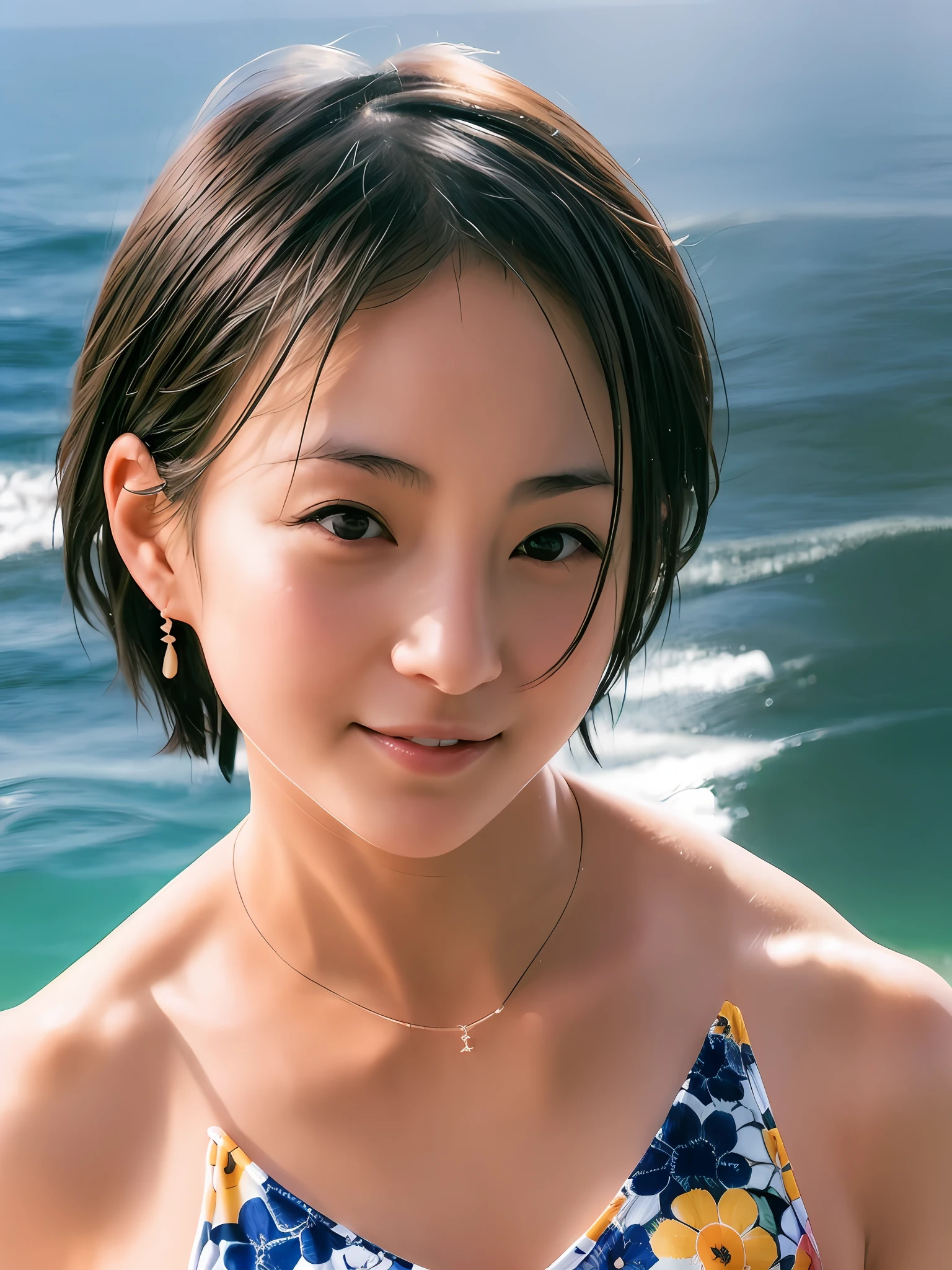 1 girl, Japan person, 45 years old, photorealistic, beautiful and detailed face, viewer, simple background, solo, sea, bikini, small breasts, tank top. sunny, summer vacation, beach, (short hair, wet), smile, movie lighting, movie, Japan drama, (necklace), earrings