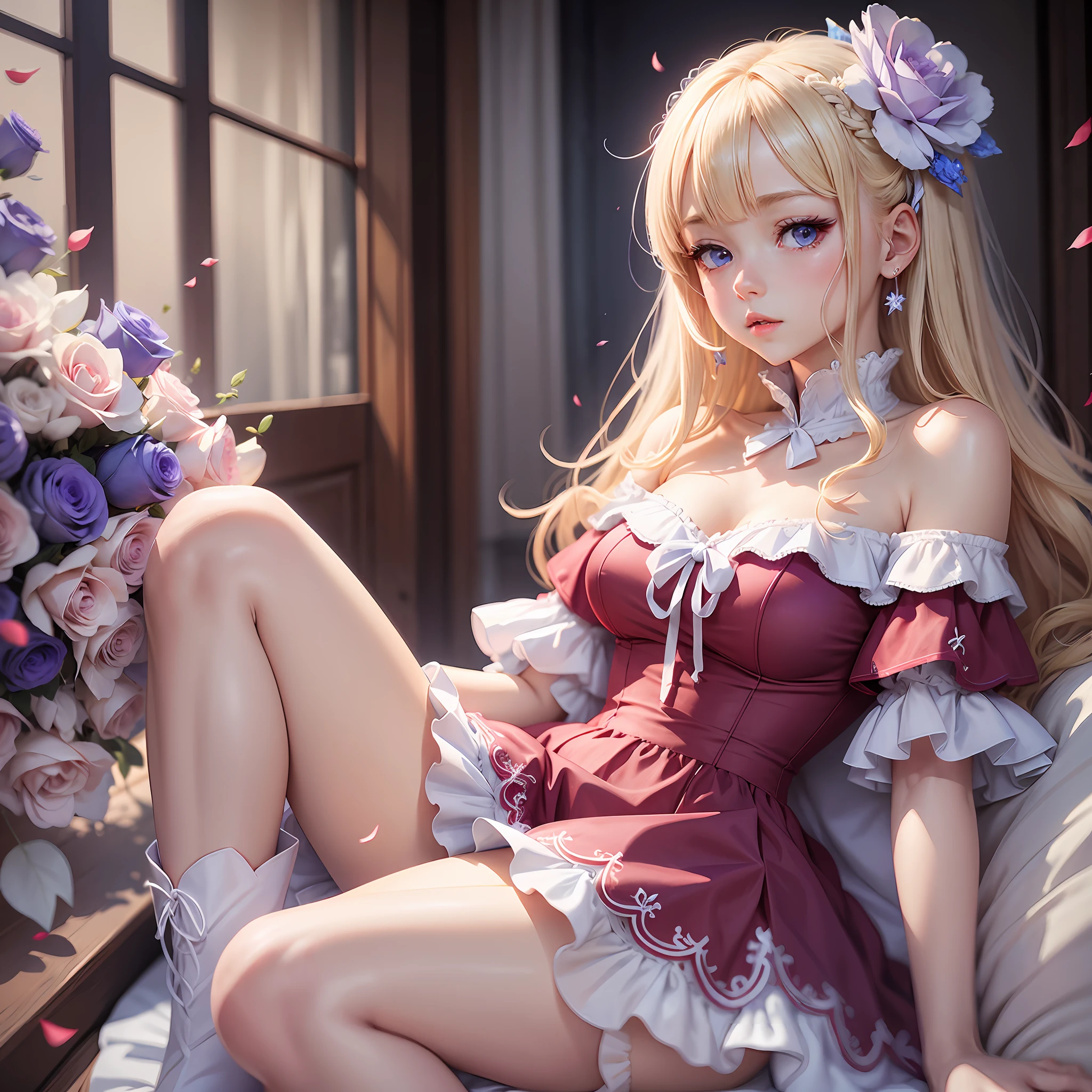 Light blonde hair anime girl pale violet blue eyes wearing red short dress with puffy off shoulder sleeves and white embellishments, white knee length boots, bright red roses in her hair --auto --s2