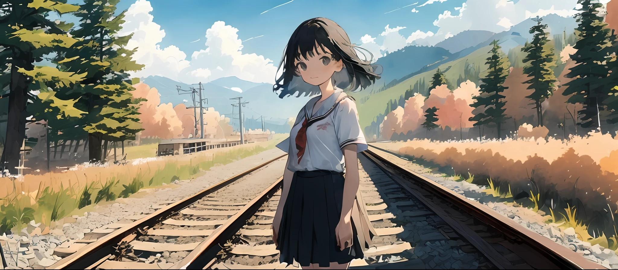((Masterpiece, Best Quality)),Best Aesthetics,One Girl Is Pushing a Bike, Solo, School Uniform, Sky, Clouds, Black Hair, Looking Viewer,Mountain, Trees, Forest, Railroad Crossing, Short Sleeve, Cloudy Sky, Shirt,Pleated Skirt, Country Medium Hair,Watercolor
