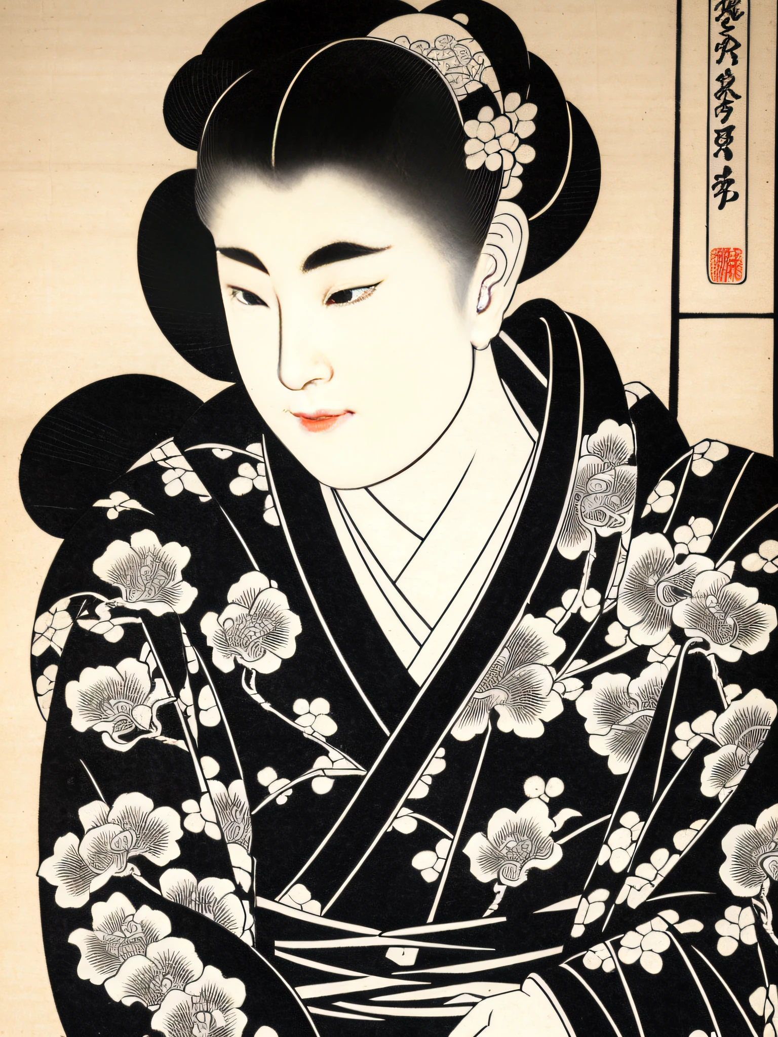 Ink woodblock print (black and white) of a 32-year-old woman wearing a yukata from the Edo period (elegant Japan) Window Touching cheek Do not use color There is chafing A painting in which irises are grown in a jar.