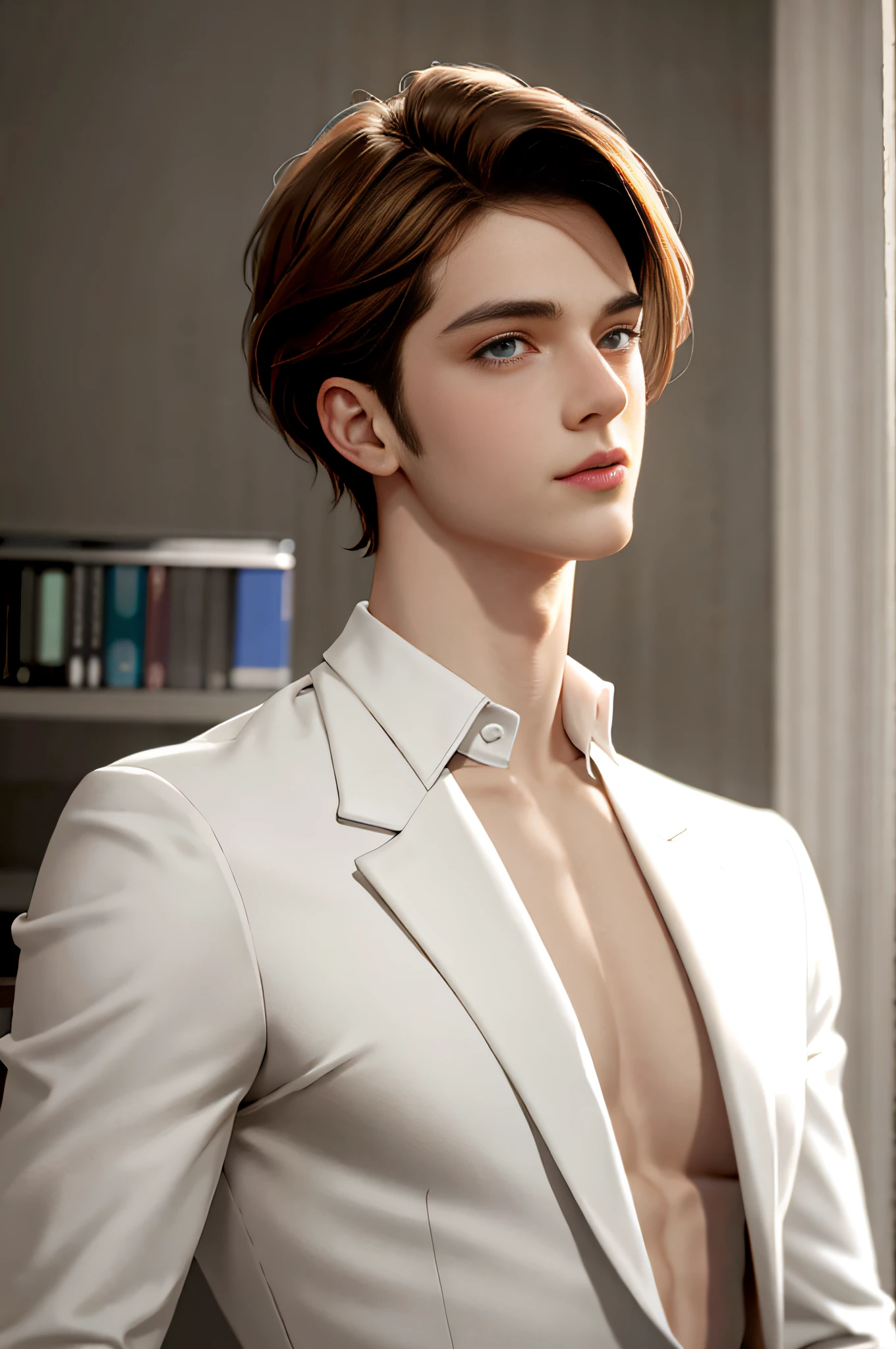 (Best Quality, Masterpiece), 1boy, Realistic, Radiant Skin, Skin Glossy Delicate, Handsome, Handsome, Close Up, White Shirt, Suit, Short Hair, Short Brown Hair, Blurred Background, Upper Body, Contemporary,