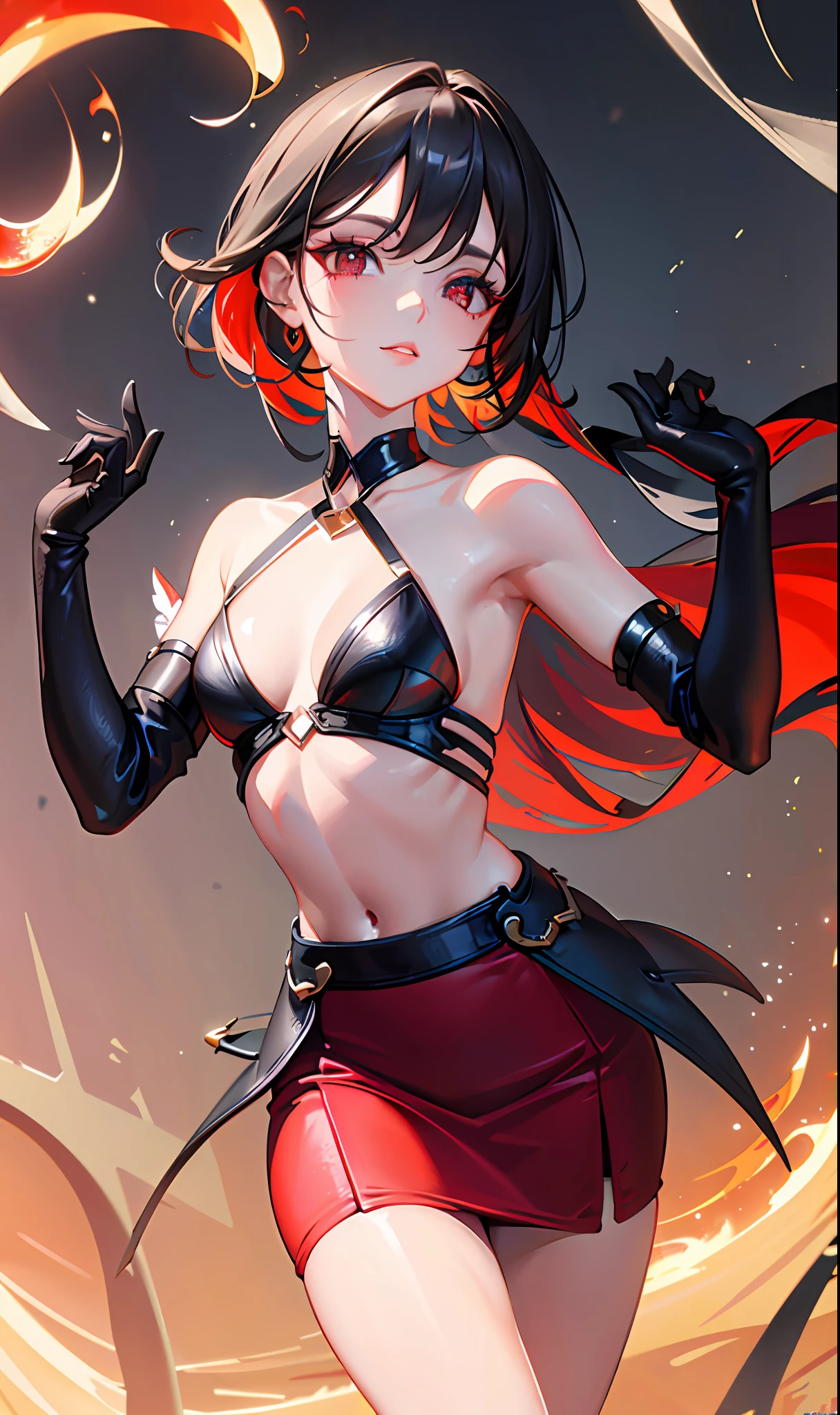 (Masterpiece, Side Light, Fine Beautiful Eyes: 1.2), (Masterpiece * Portrait), Portrait, (Bust), Realistic, 3D Face, Sweet Skin, (Solo), (Face Close-up), (Fire Opal Like Scarlet Eyes), Hanging Corner of the Eye, ((High Detail Skin, Visible Pores)), (Perfect Figure), A Beautiful Girl, Small Tits, (((Sexy Backless Skirt)), (Neck Ring), (Short Glove as Short as Half the Palm)
