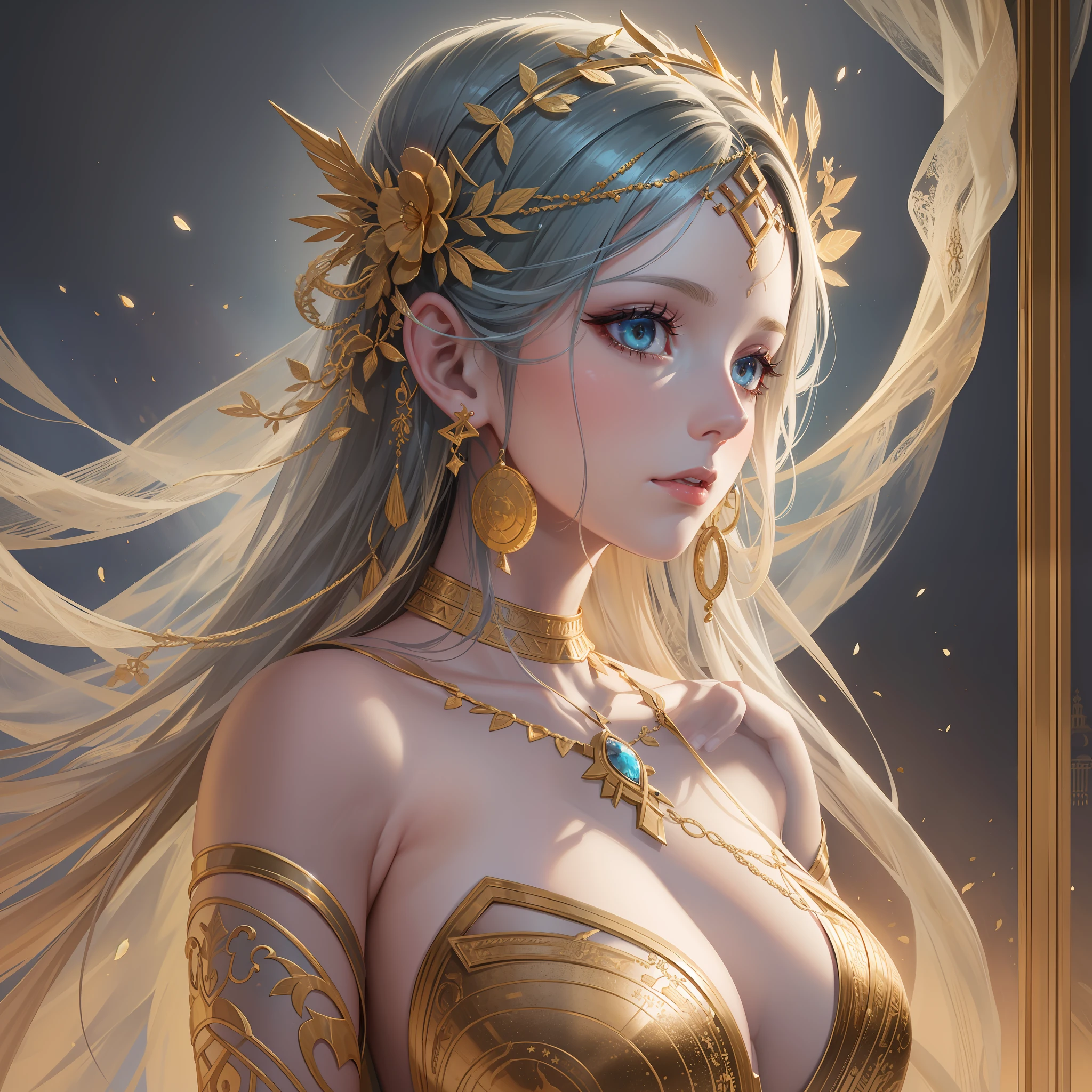 loose Half body portrait painting of a fragile, cool, beautiful, veiled, girl covered in tattoos and translucent, flowing, greek dress, classical greece, arranged in the golden ratio, epic composition, face fully visible, trending in artstation, hd, 8k