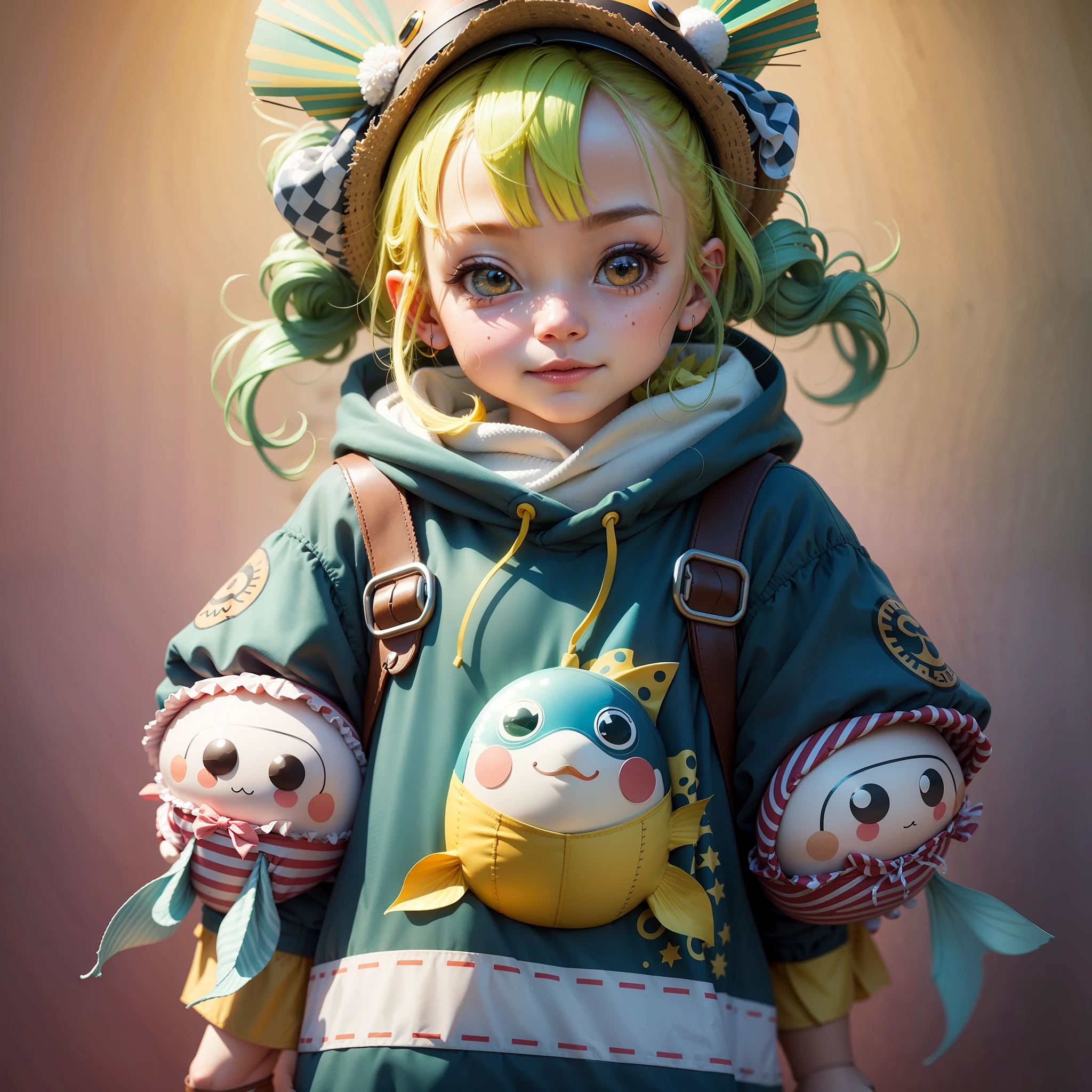 Help me generate a fish doll costume with a sarcastic expression, looking funny and a little cute --auto --s2