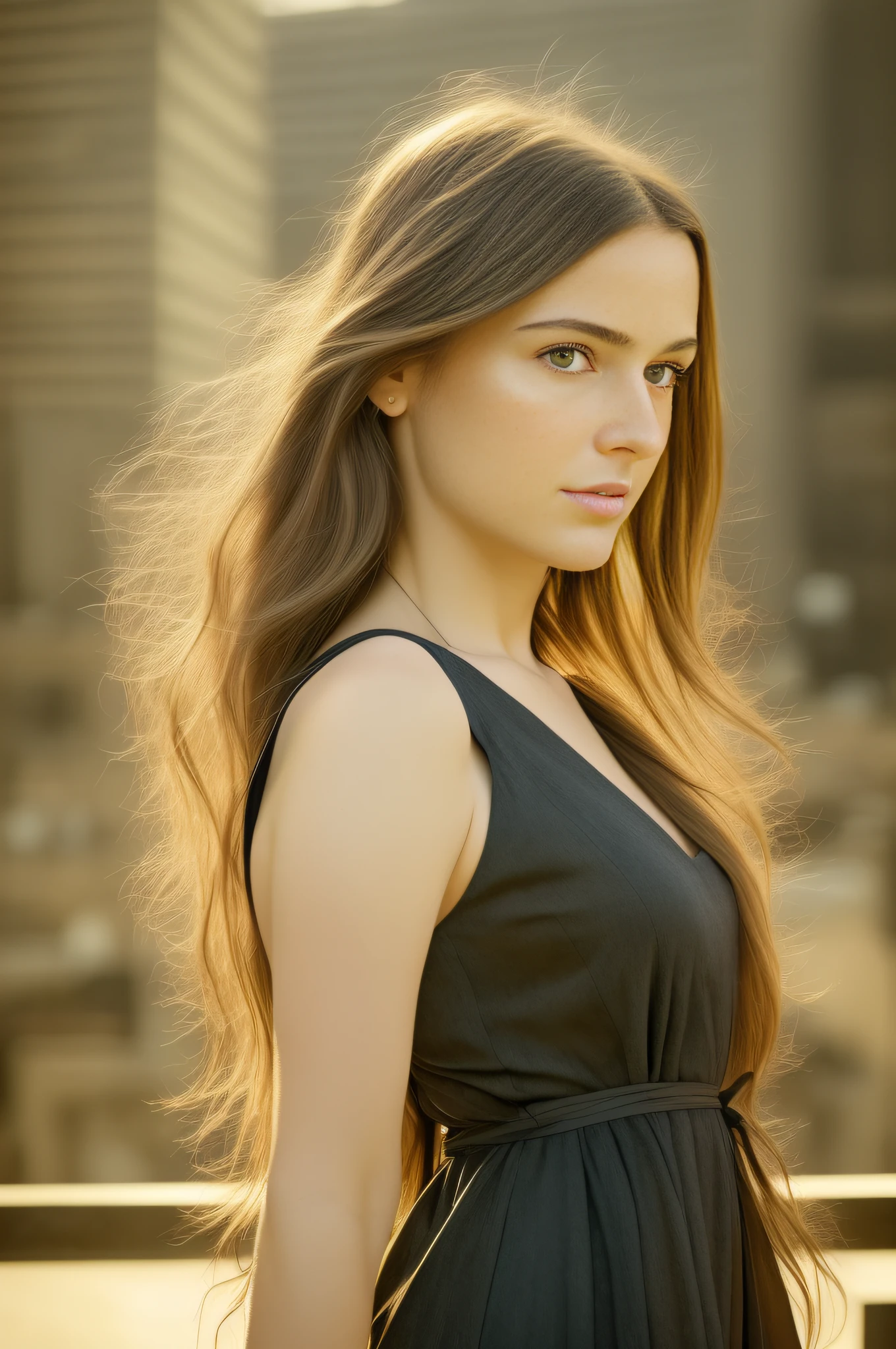 1girl, dasha,Full shot,portrait photography, beautiful young woman with transparent western tunic dress,long_hair, realistic, eyes visible through hair, proper eye position, natural skin, backlight, cinematic light, rim light, soft light , hips, in night time, city side background, detailed color graded background, intricate , highly detail, octane render,HDR, HD, 8k, by Annie Leibovitz