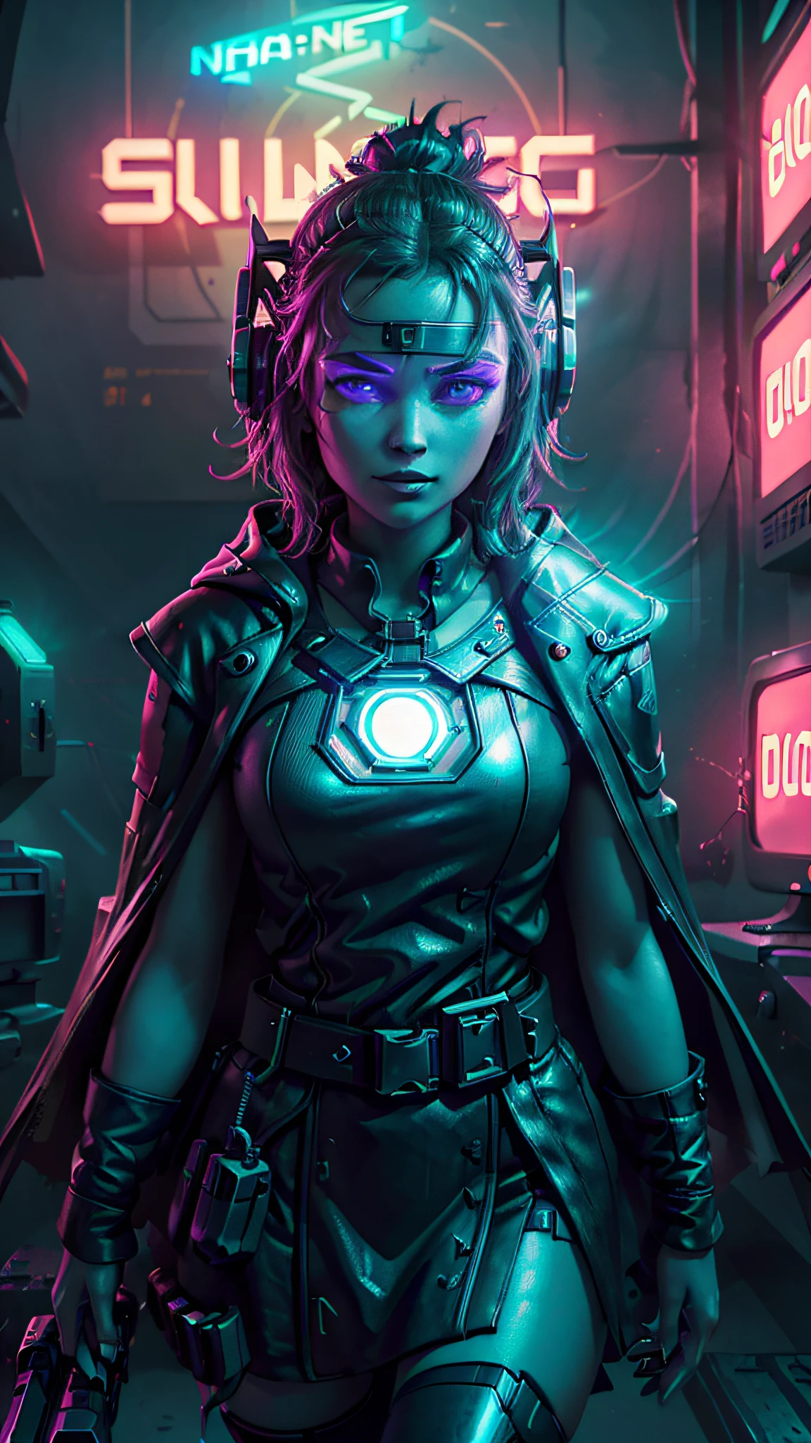 ((Best quality)), ((masterpiece)), (highly detailed:1.3), 3D,NeonNoir, beautiful cyberpunk woman,(wearing head-mounted display that is chunky and hi-tech:1.2),wearing a cape,hacking a computer terminal,PURPLE NEON LIGHT FROM MONITOR, GREEN NEON SIGNS ON THE WALL,