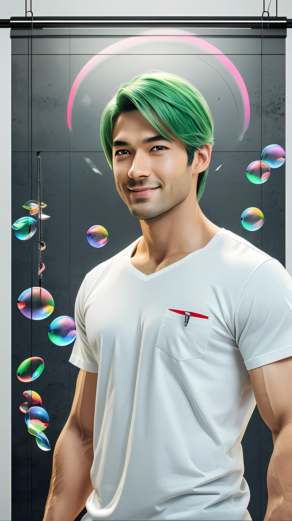 (Premise) Unreal Engine, Super-Resolution, Ray Tracing, RTX, high resolution photography, 8k, studio photo, elegant, (person) beautiful young man, 32 years old, height 175cm, weight 65km, salt face, light green hair, light green eyes, smile, fair skin, slim figure, slender, beardless, white shirt, short sleeves, Upper body only, lower body is tuna fish, merman, Hallyu lover, (angle) figure is placed closer to the right, facing slightly diagonally, (belongings) lively tuna, carrying from the right shoulder, hanging from the right shoulder, using a rope to hang, tuna fillet, tuna (background) no background, background is white, dry taste, soap bubbles, "Pironki" is written on the background, (taste, brushwork) dramatic, flat, passionate, Japanese style, soap bubbles, soap bubbles --auto --s2