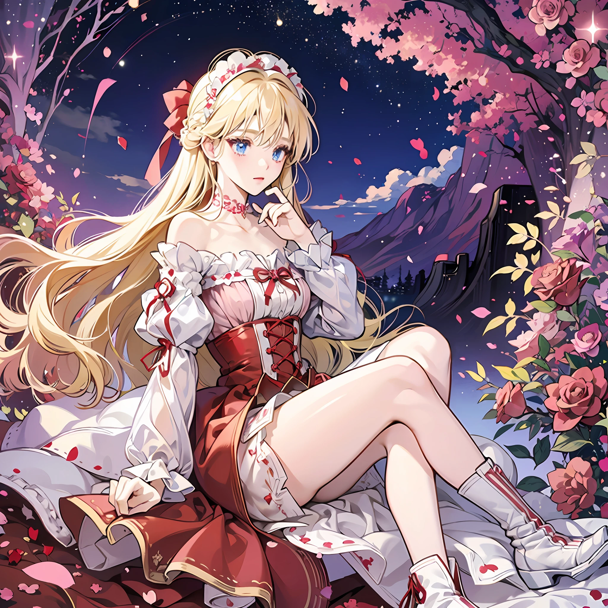 Light blonde haired anime girl with pale violet blue eyes wearing red short dress with off shoulder puffy sleeves with white embellishments, red white boots knee length, bright red small roses in her hair, under moonlight and starry sky in Valley of red glowing roses, red petals in the air --auto --s2