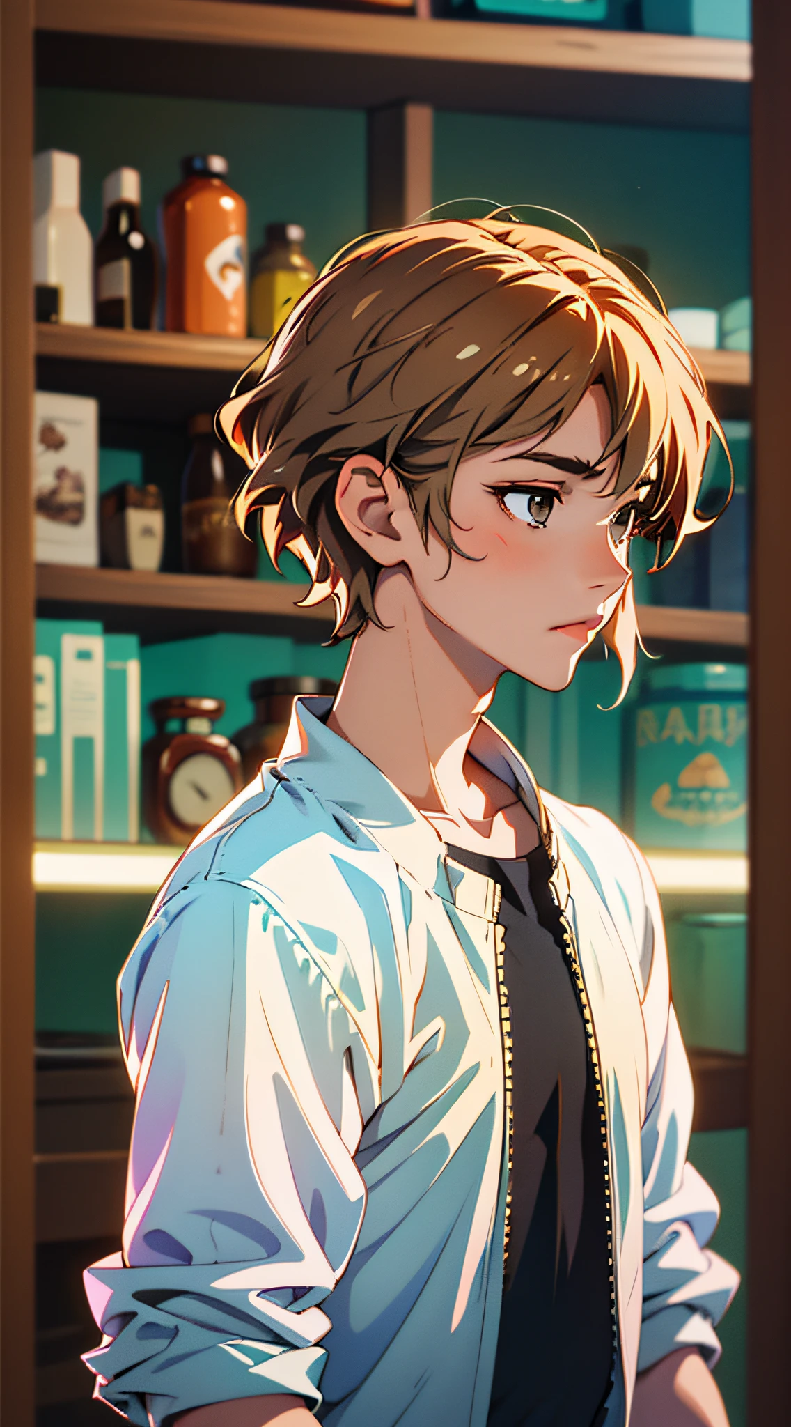 (Best Quality, Masterpiece), 1boy, Short Hair, Short Brown Hair, Blurred Background, Upper Body, Contemporary, SKZ Virtuous