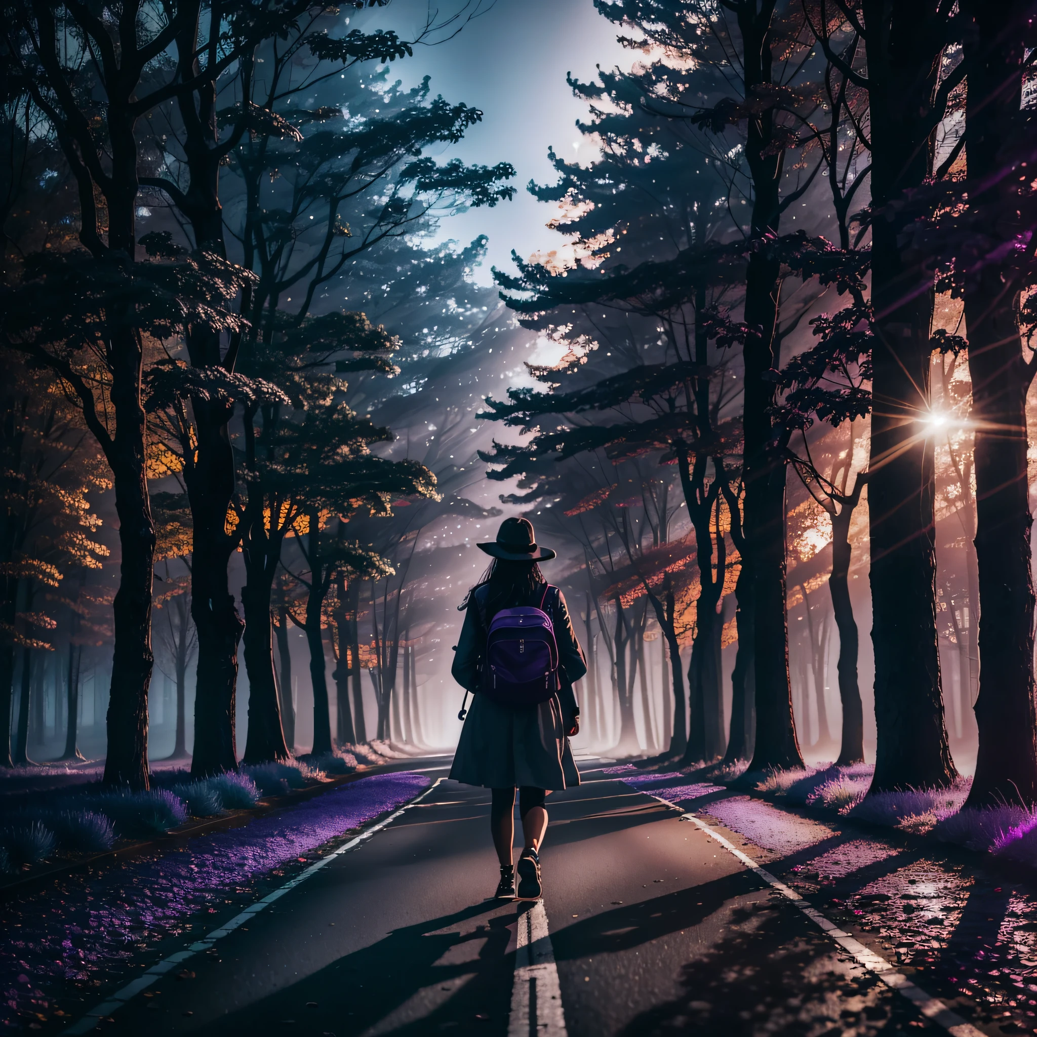 woman walking down a road at night towards a city, with fog and shadows, with a backpack, wavy and long black hair, high quality, ultra-detailed, 8k, masterpiece, (volumetric lighting), black magic, fantasy, lilac colors, purple, shadows and vivids around the woman, magic in her hands, magic wand, AND LIVING SHADOWS --auto --s2