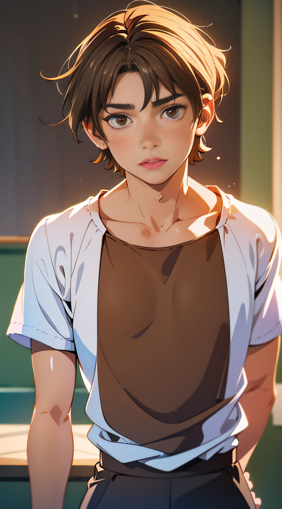 (Best Quality, Masterpiece), 1boy, Short Hair, Short Brown Hair, Blurred Background, Upper Body, Contemporary, SKZ Virtuous