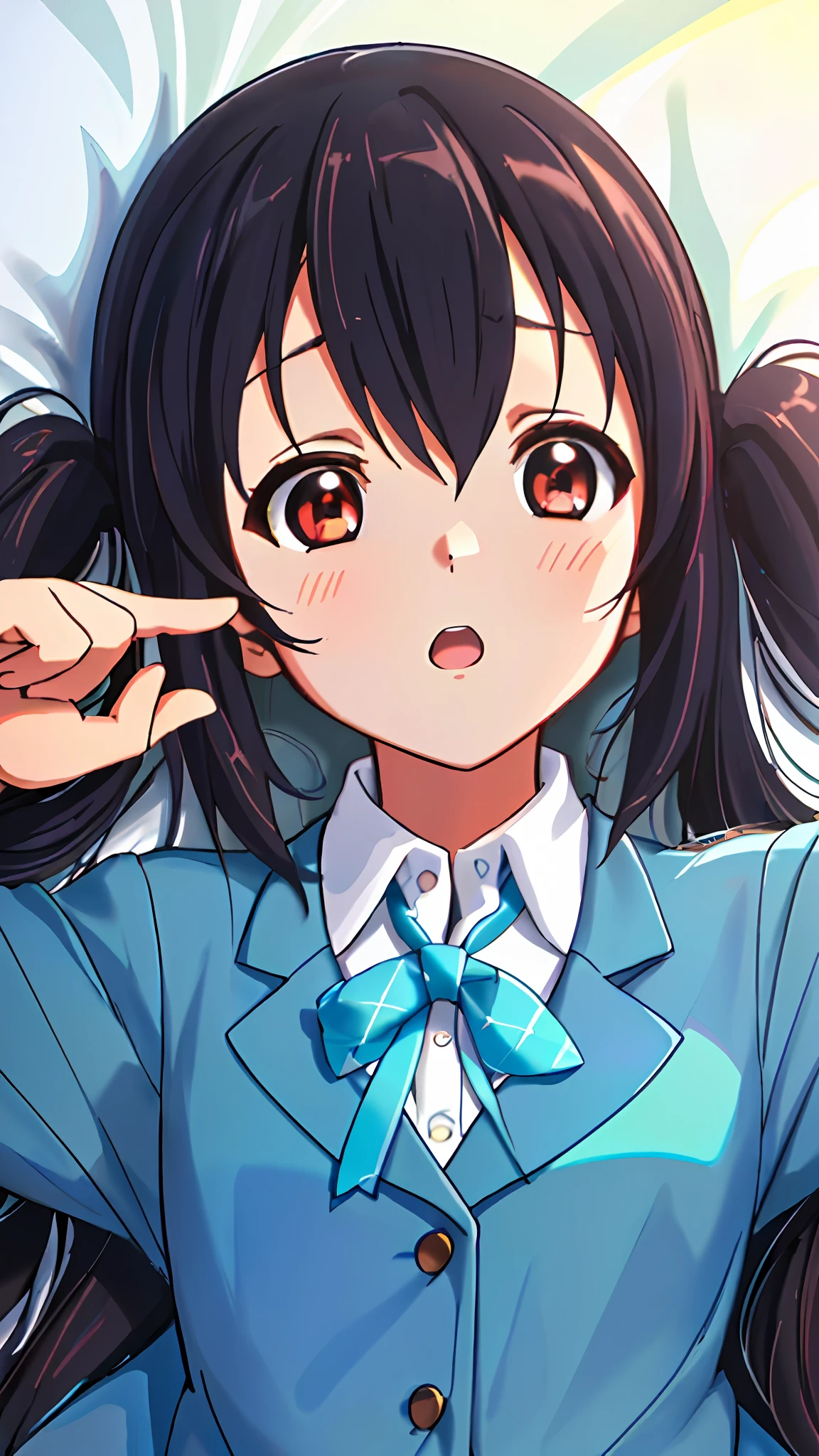 1girl, ((((Masterpiece))), Best Quality, Best Quality, High Detail, Azusa Nakano, 1girl, Sakuragaoka High School Uniform, Musical Instrument, School Uniform, Twin Tails, Long Hair, Black Hair, Brown Eyes, Solo, Red, Dark blue blazer with a thin ribbon of red, Solid white button shirt under blazer, Illustration, Cartoon, Soothing tones, Muted colors, Soft cinematic light, Adobe Lightroom, Photo Lab, HDR, complex and highly detailed, (((depth of field))))). (((Masterpiece))). (((highest quality))).) ((super detail))). (((Illustration))). (((Outside))). (((fighting stance))).,(((Lying down))).dynamic focus.small breasts.. (((Face of sadness))). Open mouth.Close your eyes.Spread your arms.Ground.Lie on your back.