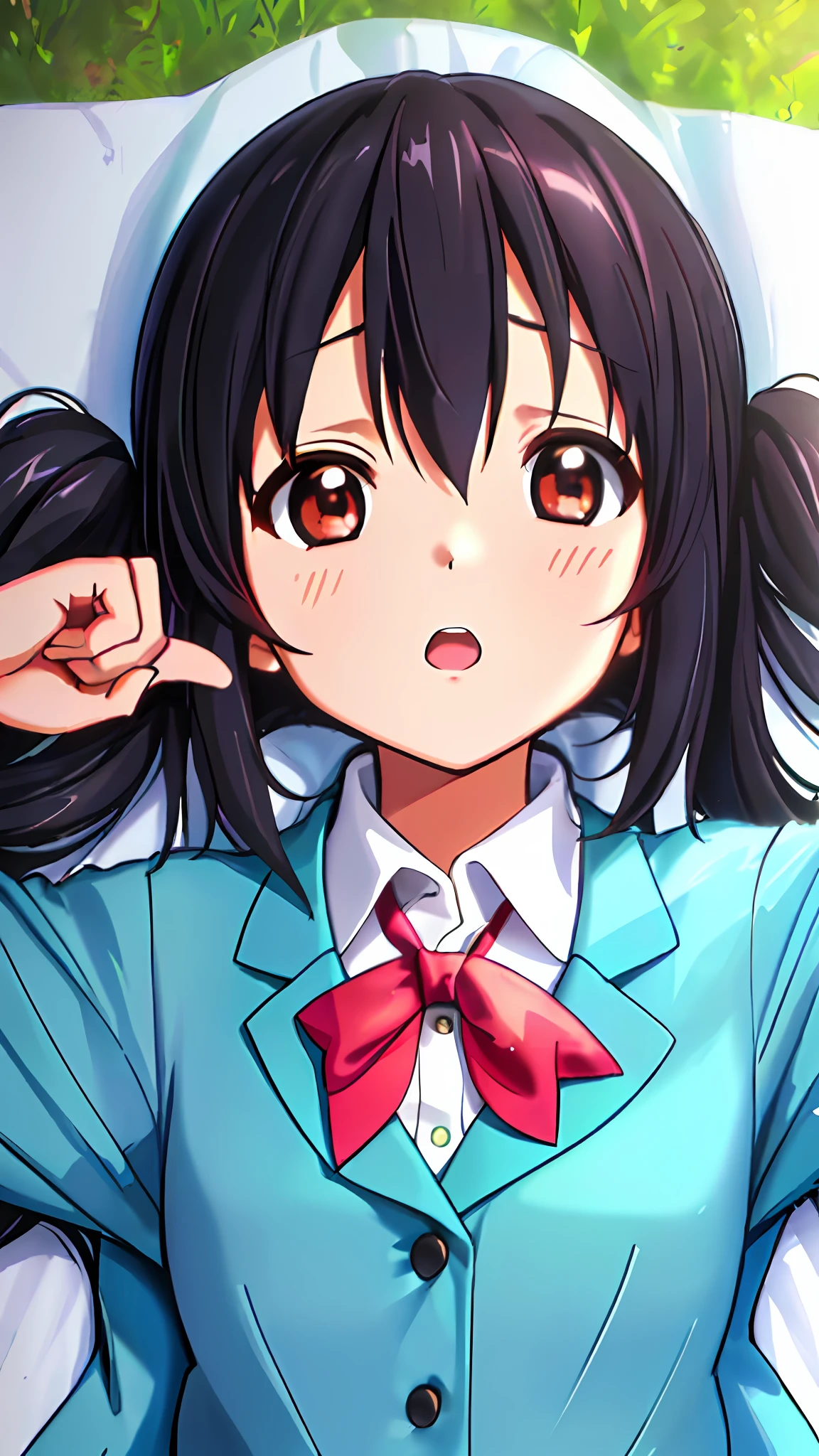 1girl, ((((Masterpiece))), Best Quality, Best Quality, High Detail, Azusa Nakano, 1girl, Sakuragaoka High School Uniform, Musical Instrument, School Uniform, Twin Tails, Long Hair, Black Hair, Brown Eyes, Solo, Red, Dark blue blazer with a thin ribbon of red, Solid white button shirt under blazer, Illustration, Cartoon, Soothing tones, Muted colors, Soft cinematic light, Adobe Lightroom, Photo Lab, HDR, complex and highly detailed, (((depth of field))))). (((Masterpiece))). (((highest quality))).) ((super detail))). (((Illustration))). (((Outside))). (((fighting stance))).,(((Lying down))).dynamic focus.small breasts.. (((Face of sadness))). Open mouth.Close your eyes.Spread your arms.Ground.Lie on your back.