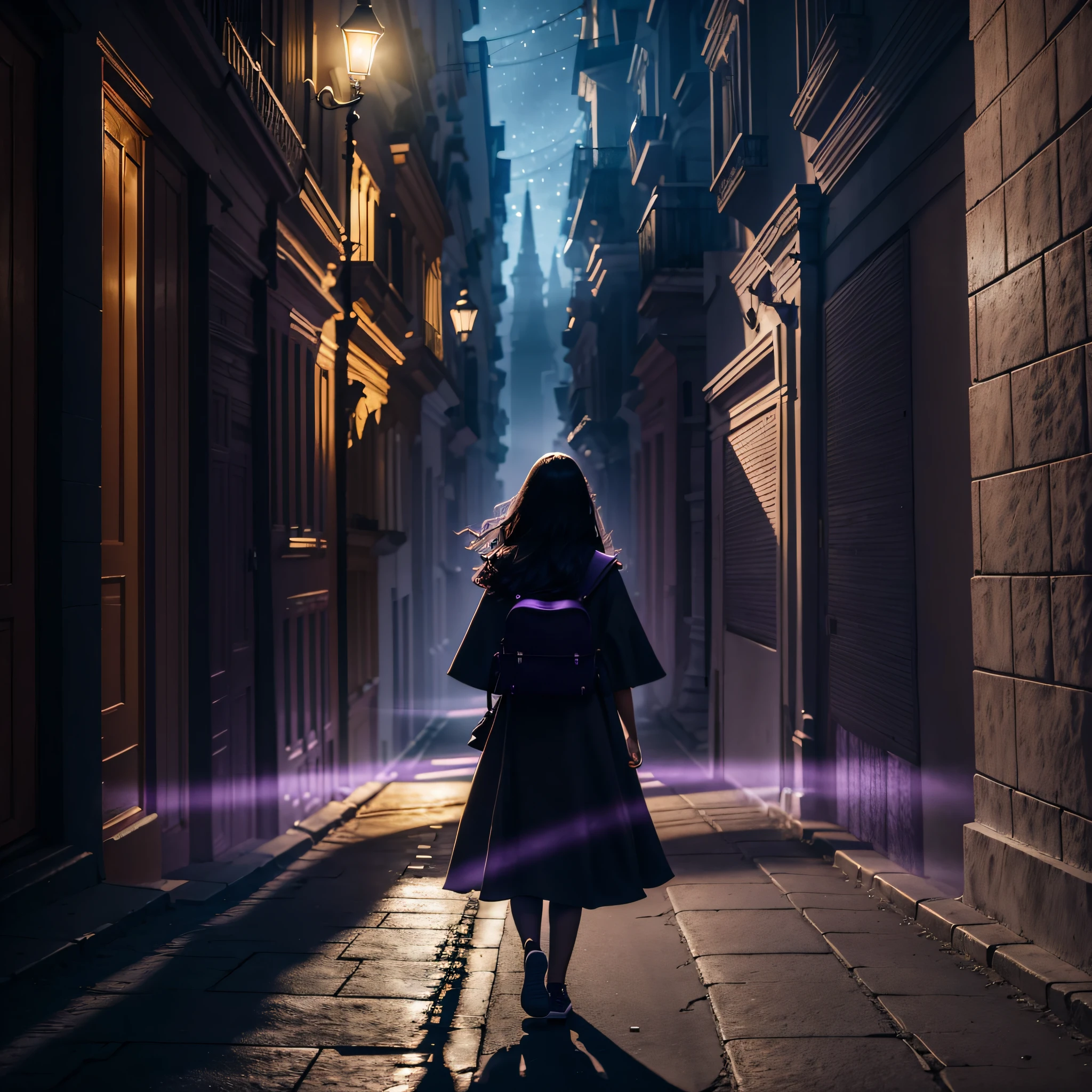 woman walking down a road at night towards a city, with fog and shadows, with a backpack, wavy and long black hair, high quality, ultra-detailed, 8k, masterpiece, (volumetric lighting), black magic, fantasy, lilac colors, purple, shadows and vivids around the woman, magic in her hands, magic wand, AND LIVING SHADOWS --auto --s2