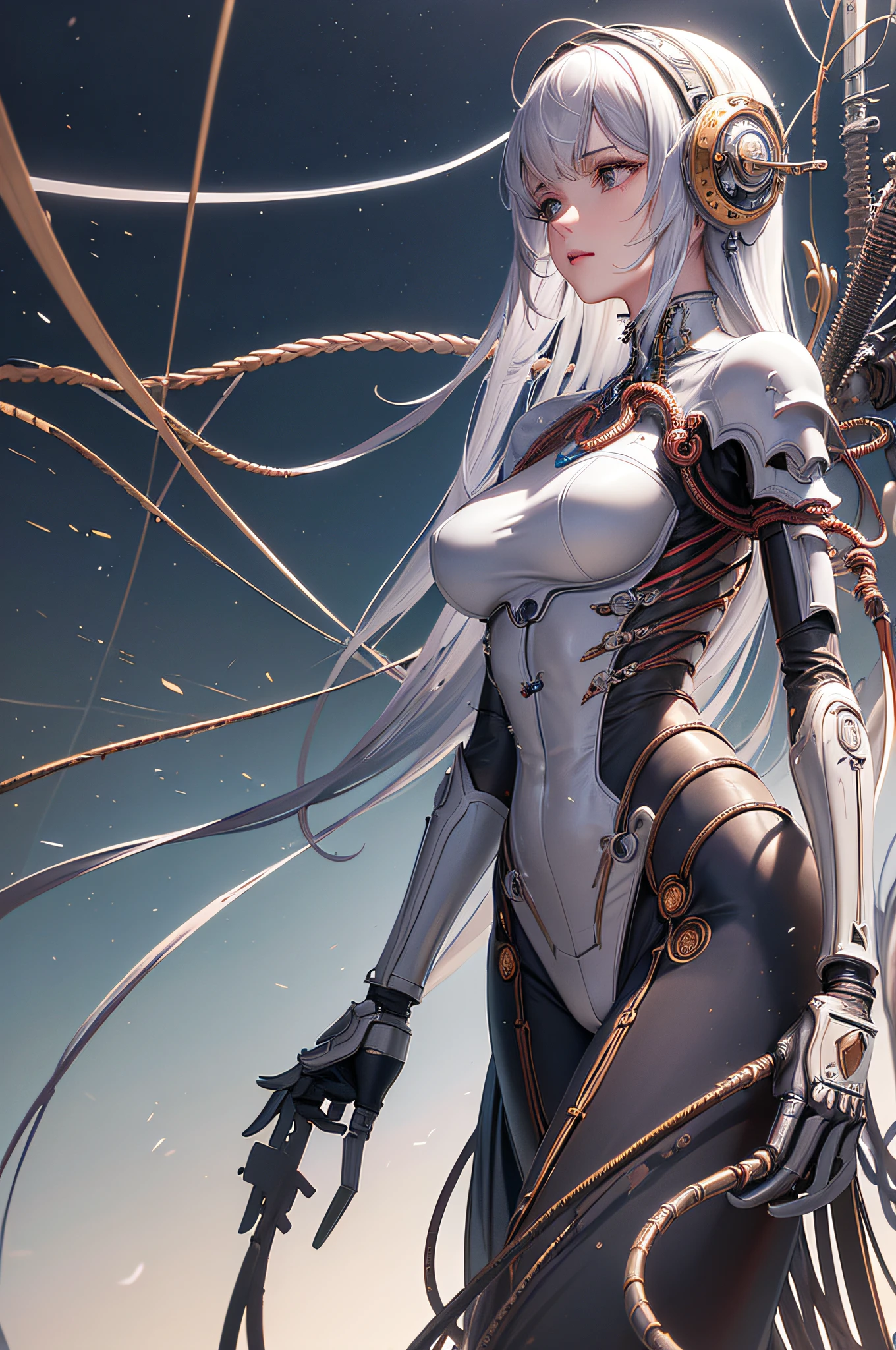 (((masterpiece))), (((best quality))), ((ultra-detailed)), (highly detailed CG illustration), ((an extremely delicate and beautiful)),cinematic light,((1mechanical girl)),solo,(cowboy shot:1.2),(machine made joints:1.2),((machanical limbs)),(blood vessels connected to tubes),(mechanical vertebra attaching to back),((mechanical cervial attaching to neck)),expressionless,(wires and cables attaching to neck:1.2),(wires and cables on head:1.2),(character focus),science fiction,extreme detailed,colorful,highest detailed, loongs,fengs,background,
