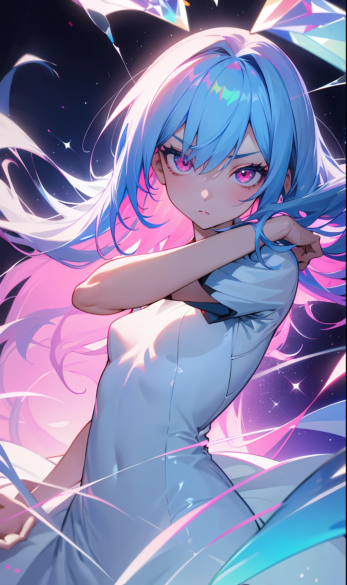 (Fine, sharp images, super resolution, extremely amazing detail, awesome detail), subsurface scattering, masterpiece, best quality, high quality, anatomically correct, textured skin, super detail, high detail, high quality, high quality, award-winning, best quality, high resolution, 1girl, solo, bust, straight eye, prism eye, prism hair, prism, serious, [silver|white] + (blue: -0.3) hair, blue + red eyes, gradient eyes, multicolored eyes, calm, small breasts, Ladies' shirts, glowing eyes, glowing white particles, glitter, bloom, fantasy, cave