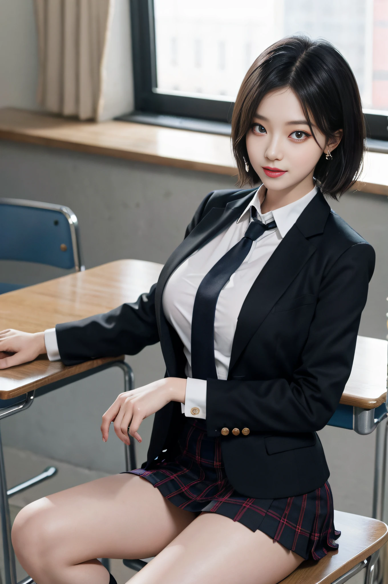 8K RAW photo, high resolution, 21 year old cool Korean, big round breasts, school uniform, tie, tie ribbon, blazer, skirt, beautiful eyes in detail, long eyelashes, beautiful double eyelids, eye shadow, slit eyes, sanpaku eyes, dark eye makeup, evil smile, beautiful thin legs, short hair gathered at the back, earrings, school classroom