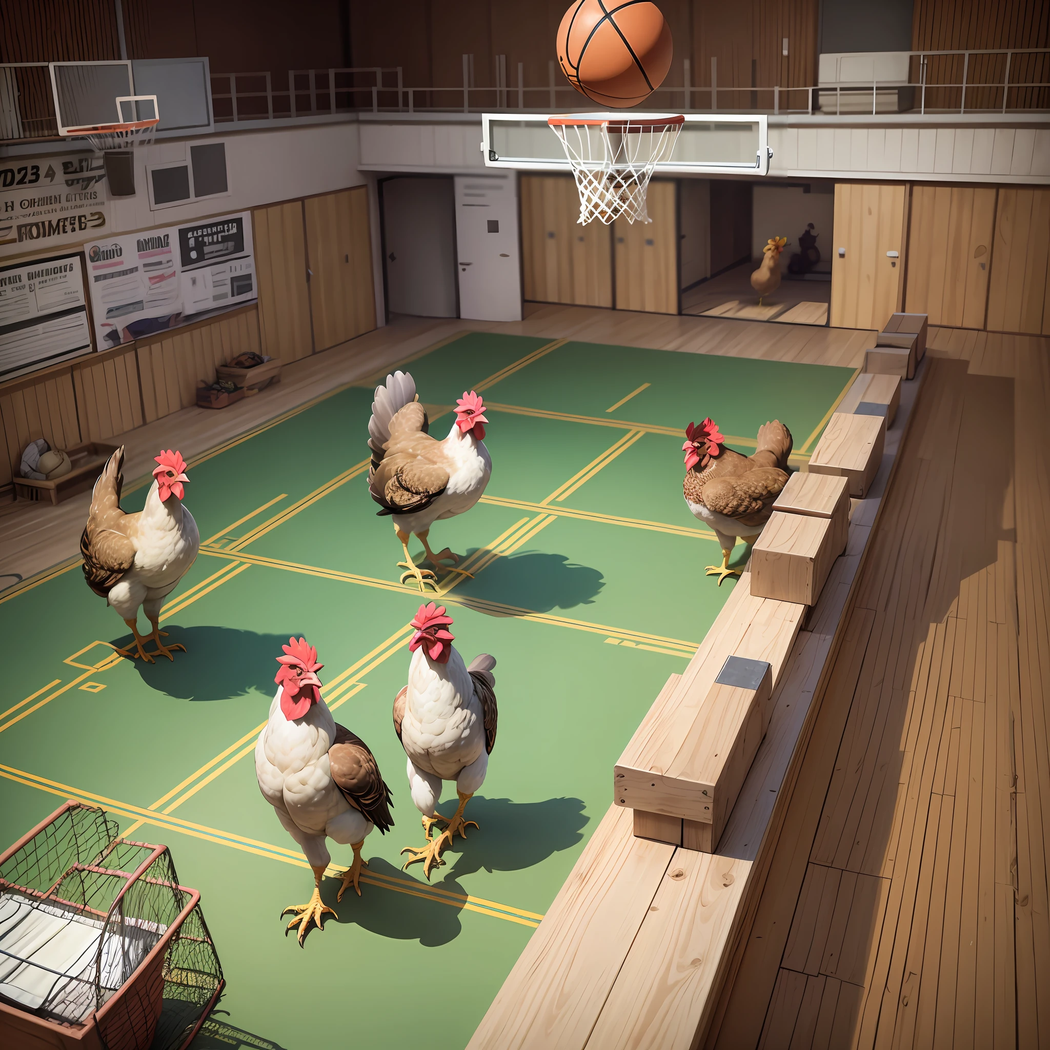 Such creatures can be called "basket chickens", and they have the characteristics of traditional chickens, such as feathers, beaks, and paws, but they also possess human body proportions and abilities. The legs of the basket chicken are stronger, and they have excellent bouncing power and athletic ability. They are able to use their hands and feet like humans, mastering basketballs and throwing them into the basket.

The basket chickens live on a large farm, and their owners provide them with special training grounds and diets to ensure they maintain optimal physical condition and performance. The basket chickens perform exercises similar to human basketball training, such as shooting, passing, and defending.

Basket chickens are very popular in basketball events, and their flexibility and skill make them stars on the court. They are covered by basketball fans and the media, and the basket chickens sign and communicate just like human basketball players. The basket chickens demonstrate a very unique sports culture based on individual competence and teamwork. --auto --s2