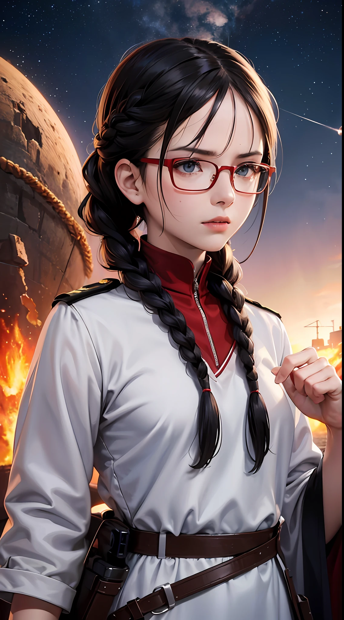 Movie Poster,((Braid Hairstyle : 1.5)),Anime Reference 86 ,Science Fiction,Sci-Fi,Movies,War Action Movies,Space,Atmosphere,Sky,Battleship,Multiple Characters,Women,Adults,Green Eyes,Black Hair,(Pia bangs hairstyle) : 1.8 ),(Red Glasses),General Uniform,White Commander Uniform,Serious Face Frowning,Realistic Face Detail,Realism,3D Face,