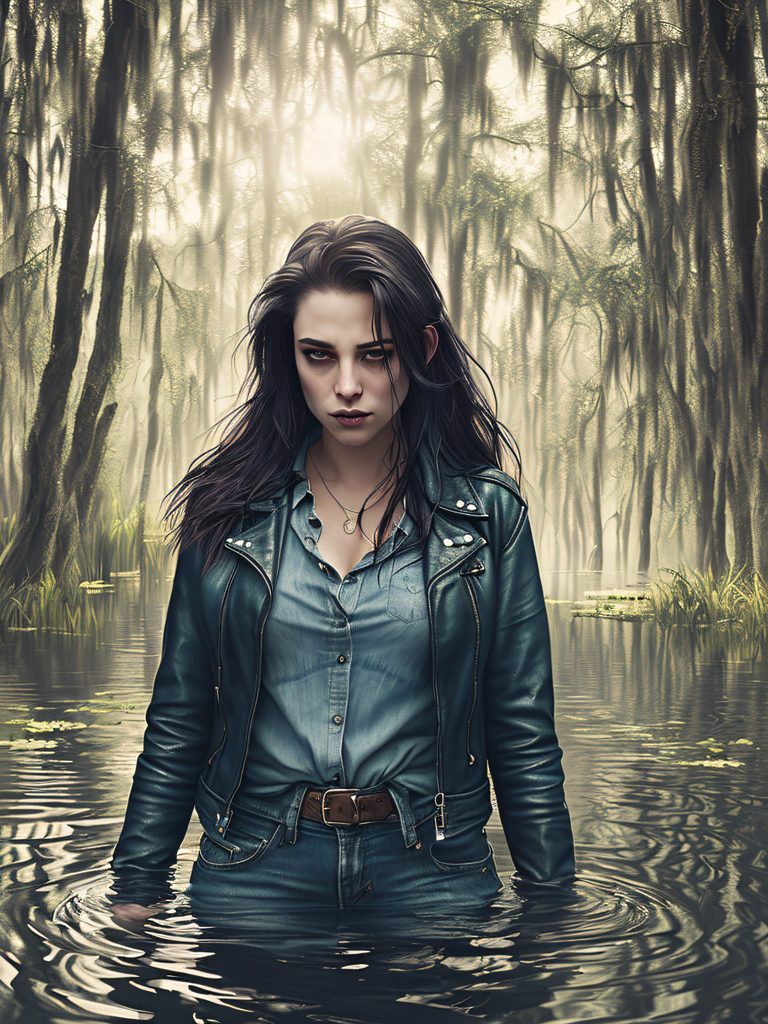 "(Twilight, swamp, dramatic lighting, shading from below), woman in blue jeans and leather jacket, sexually drowning in the swamp, blushing face."