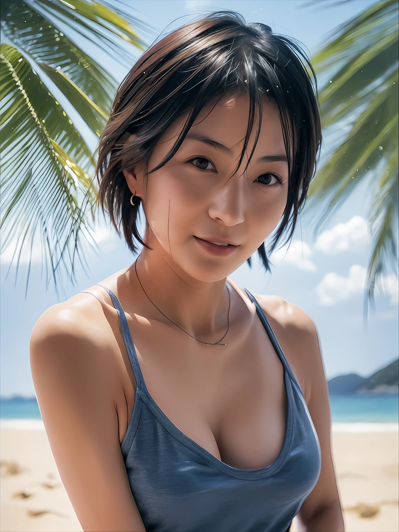 1 girl, Japan person, 45 years old, photorealistic, beautiful and detailed face, viewer, simple background, solo, sea, bikini, small breasts, tank top. sunny, summer vacation, beach, (short hair, wet), smile, movie lighting, movie, Japan drama, (necklace), earrings