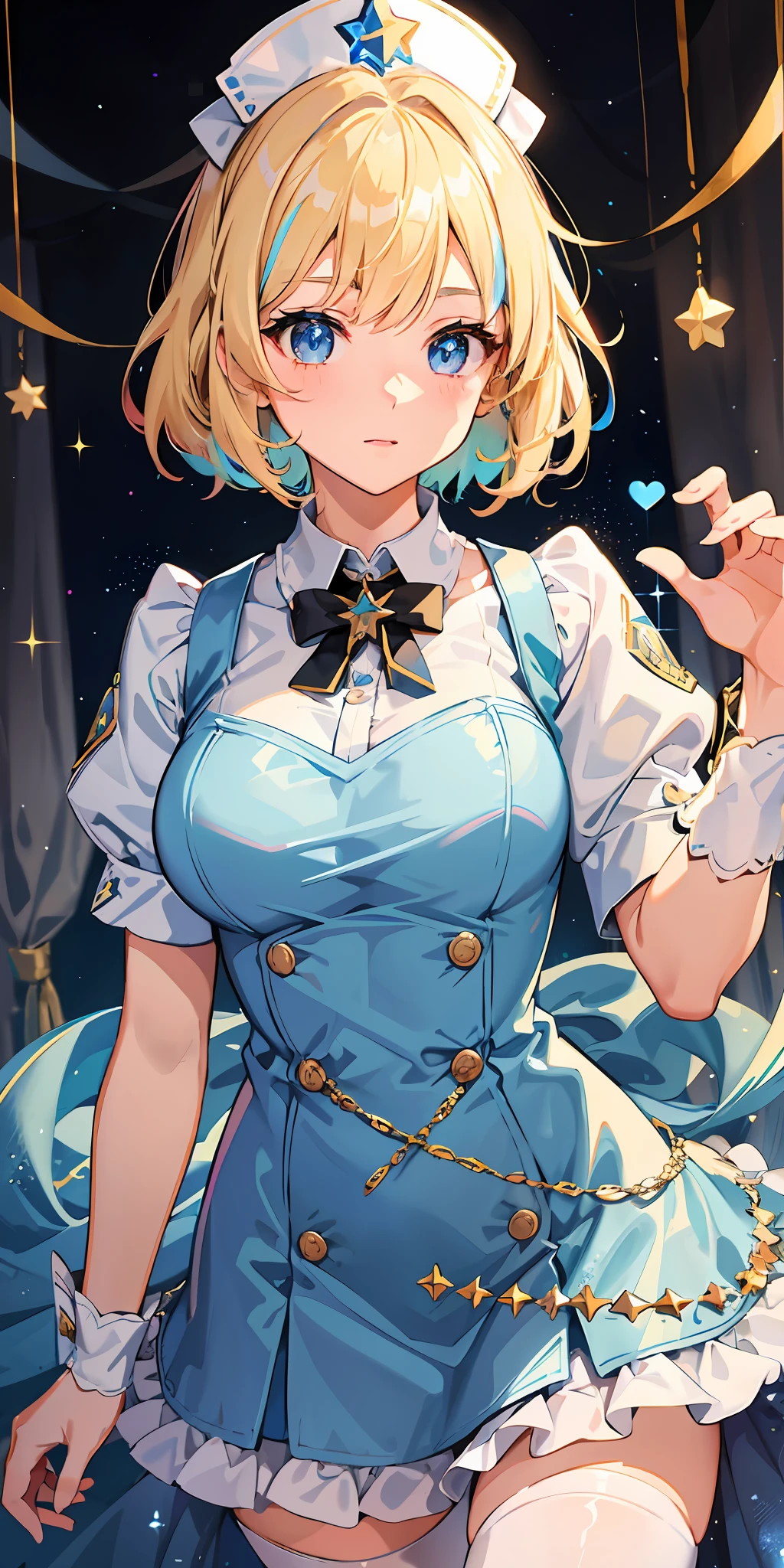 1girl, bright, blonde, light blue eyes, heart motif, star, moon, short hair, uniform bangs, multicolored hair, princess, saleme, side lights, light particles, wallpaper, big,, idol, idol costume, cute costume, fabulous outfit, dress, nurse clothes, loose, fluffy, gentle, clear, loli, sexy