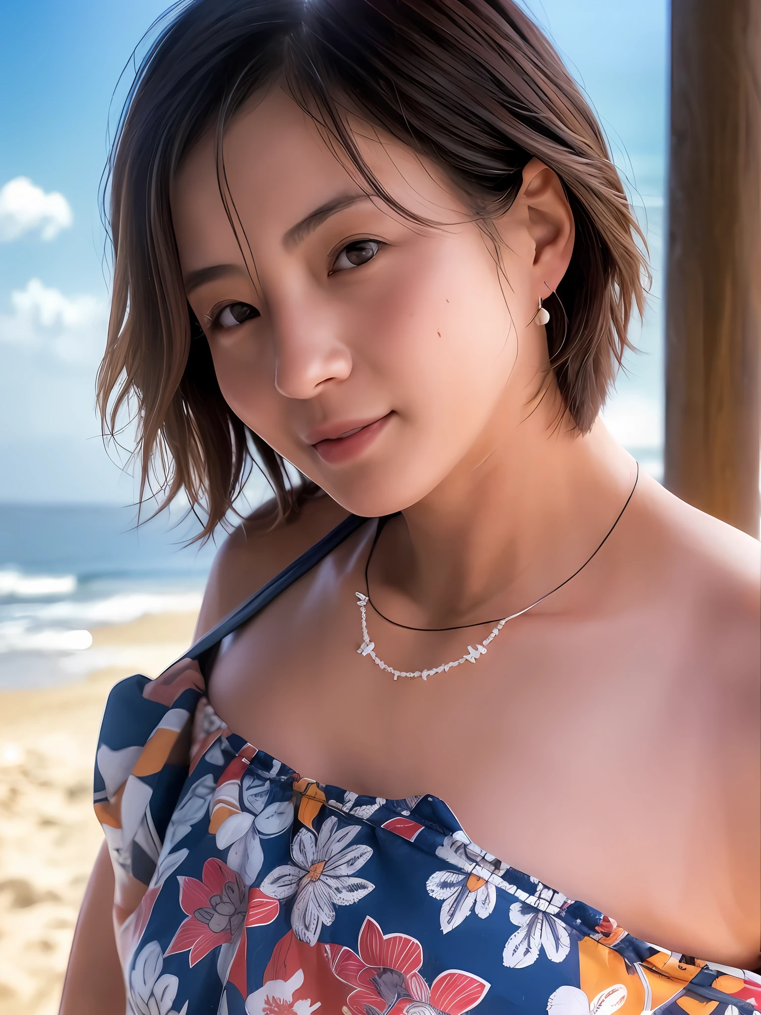 1 girl, Japan person, 45 years old, photorealistic, beautiful and detailed face, viewer, simple background, solo, sea, bikini, small breasts, tank top. sunny, summer vacation, beach, (short hair, wet), smile, movie lighting, movie, Japan drama, (necklace), earrings