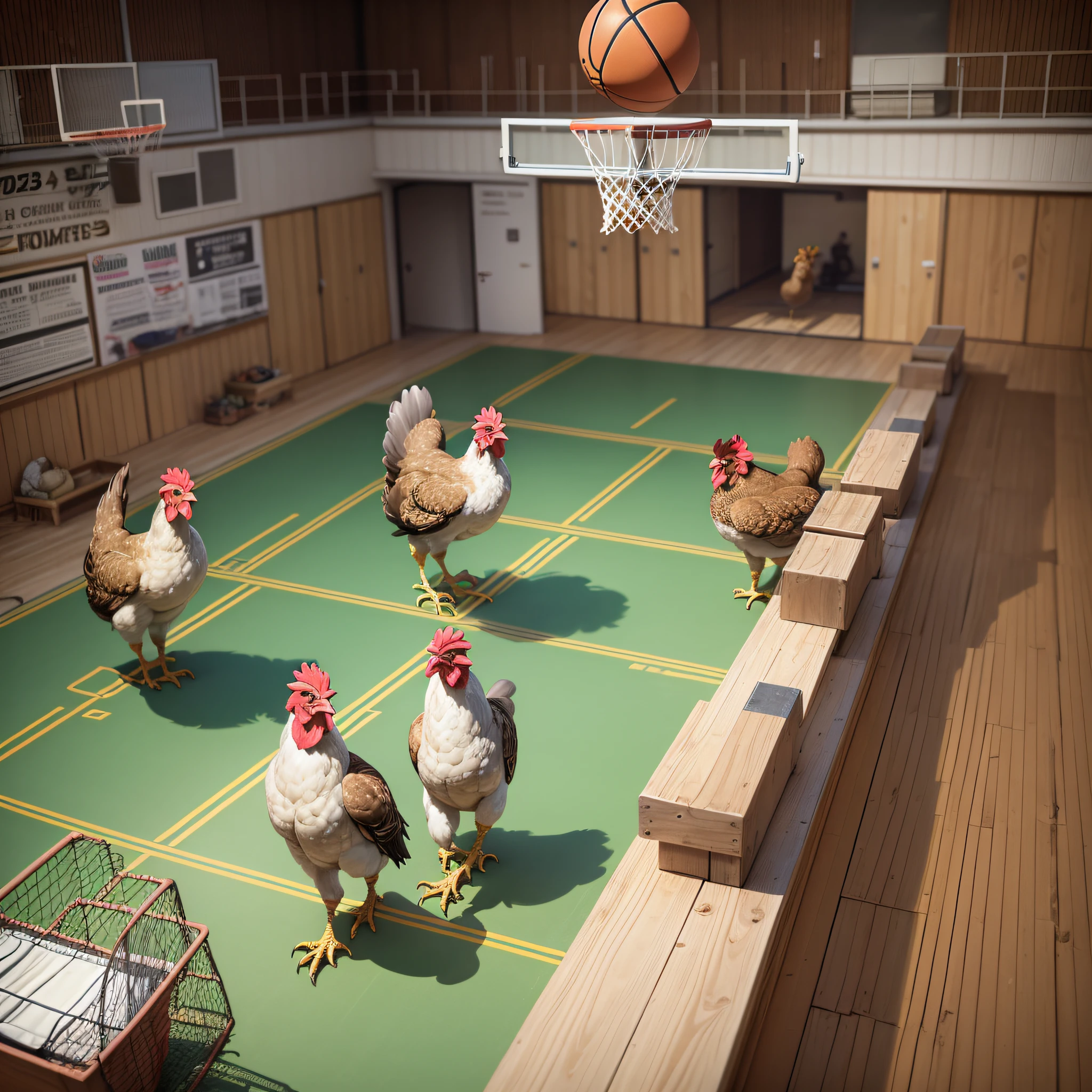 Such creatures can be called "basket chickens", and they have the characteristics of traditional chickens, such as feathers, beaks, and paws, but they also possess human body proportions and abilities. The legs of the basket chicken are stronger, and they have excellent bouncing power and athletic ability. They are able to use their hands and feet like humans, mastering basketballs and throwing them into the basket.
The basket chickens live on a large farm, and their owners provide them with special training grounds and diets to ensure they maintain optimal physical condition and performance. The basket chickens perform exercises similar to human basketball training, such as shooting, passing, and defending.
Basket chickens are very popular in basketball events, and their flexibility and skill make them stars on the court. They are covered by basketball fans and the media, and the basket chickens sign and communicate just like human basketball players. The basket chickens demonstrate a very unique sports culture based on individual competence and teamwork. --auto --s2