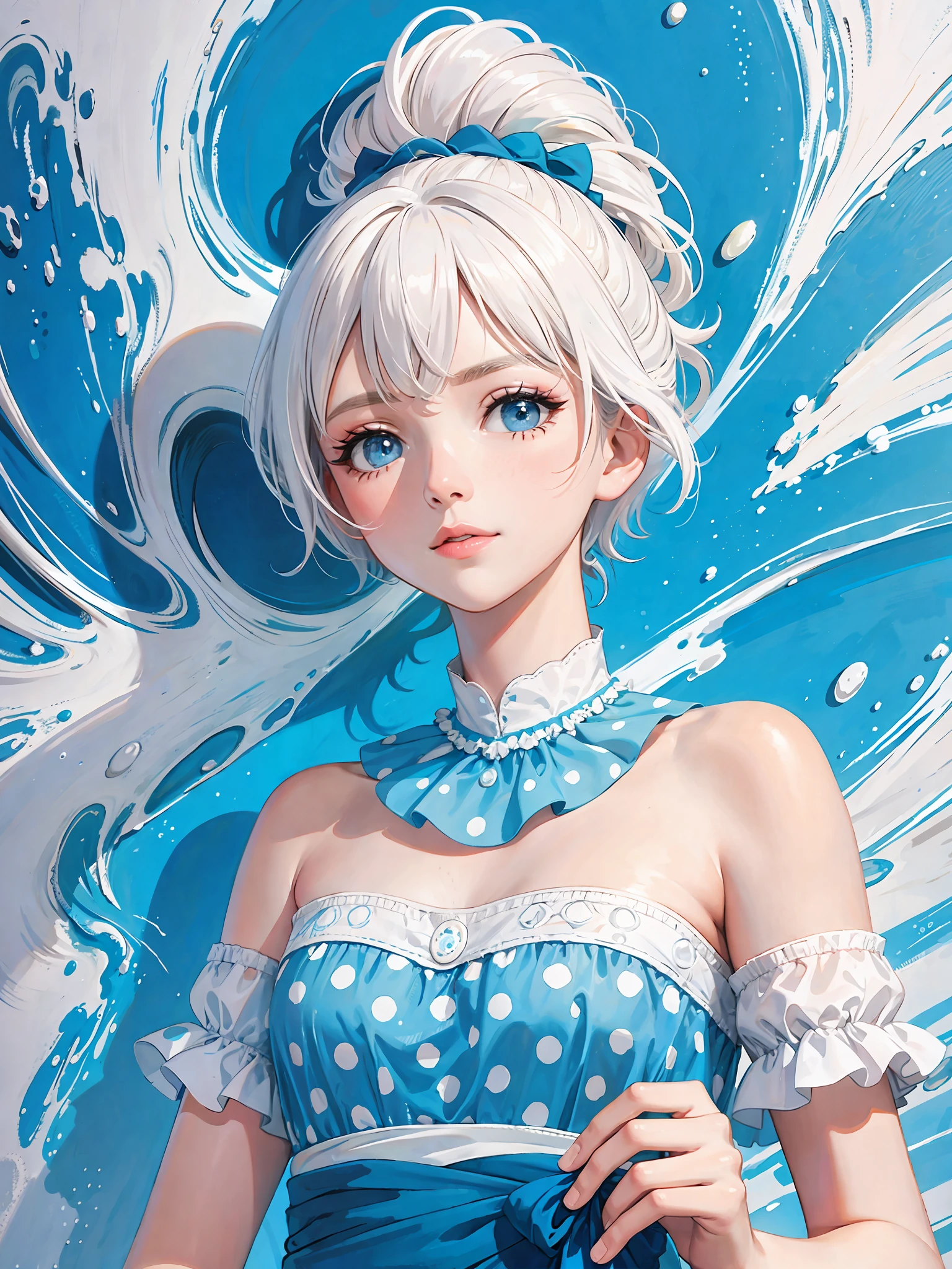 masterpiece, top quality, illustration, (cartoon: 1.5), (painting: 1.2),(polka dot t-shirt: 1.9), (white hair: 1.8), face whitening, big eyes, long lashes, blue-eyed girl, beautiful girl, white shoulder shirt, super detailed, beautiful detailed face, gradient, color splash, polka dots, splashes, splashes, color splashes, masterpiece, white hair, nighttime, Shining, shining, immaculate girl (1,5), upper body, bare shoulders, short length, bare shoulderes,, 16 years old, resolution max, super babe, ultramarine sky, thin paint style, , top quality, masterpiece, high saturation, blue paint, beautiful makeup, mouth closed, blue paint pattern on right hand